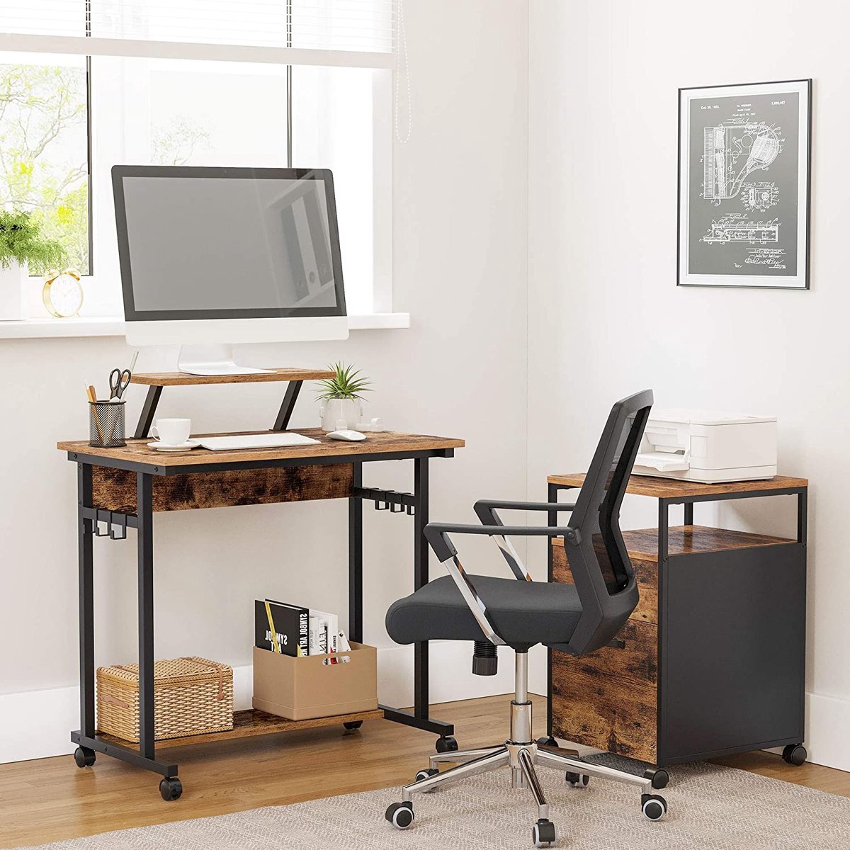 Desk, Computer Desk with Wheels, with Monitor Stand, 6 Hooks, 80 x 50 x 90 cm, Industrial Design, Vintage Brown-Black LWD085B01