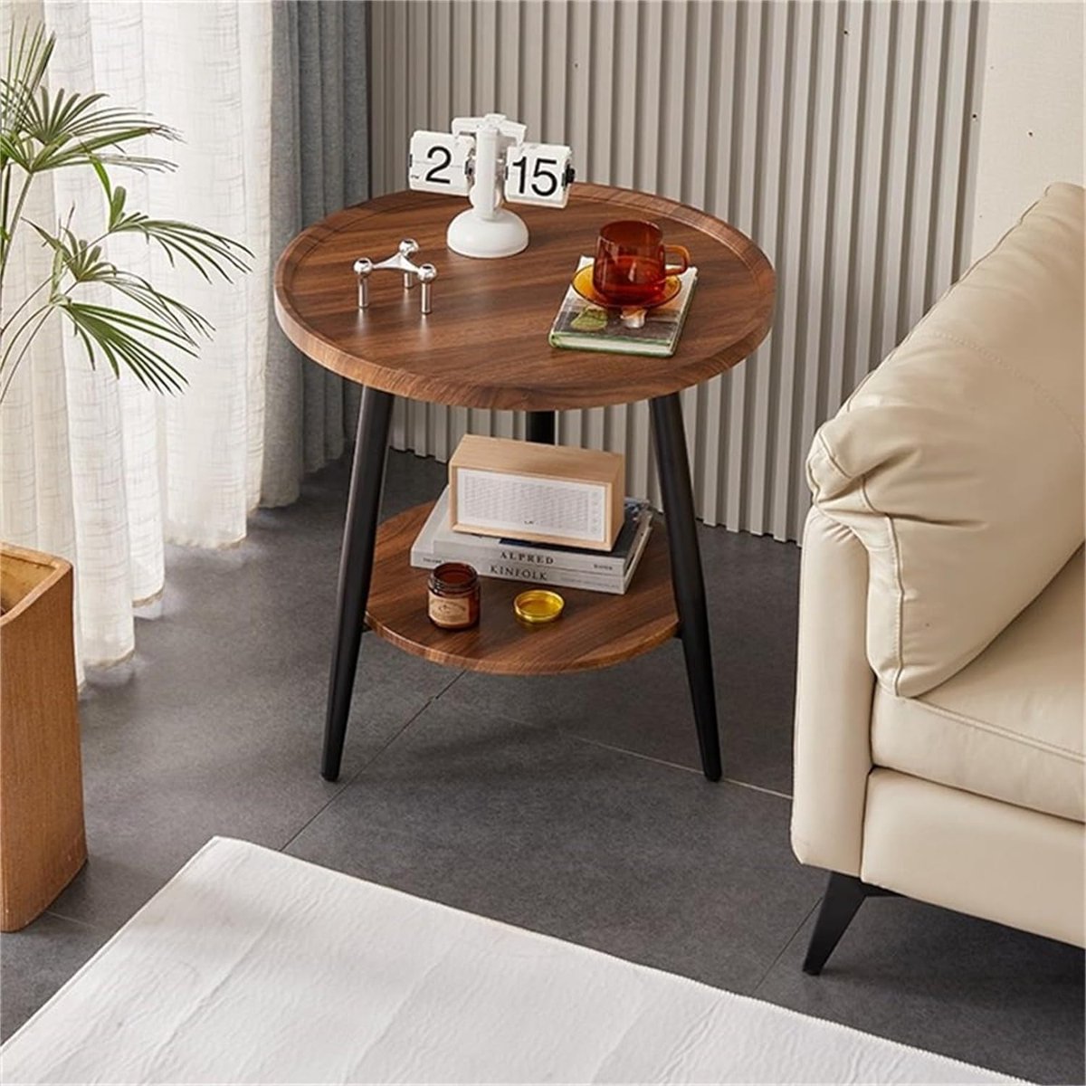 Houten bijzettafel, 2 niveaus, ronde salontafel met opbergruimte, ronde salontafel, woonkamertafel, nachtkastje voor kleine ruimtes, bijzettafel voor woonkamer, slaapkamer, H x D 48 x 40 cm
