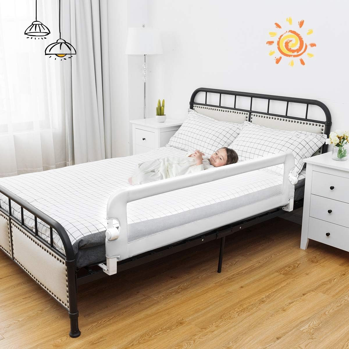 Bedhekje, 150 x 40 x 42cm, opklapbaar veiligheidsbedhek voor peuters, kinderen & baby's, neerklapbaar hek voor converteerbare wieg, tweelingbed, twijfelaar, en eenpersoons-, tweepersoons-, queensize en kingsize bedden (wit, 150 x 40 x 42cm)
