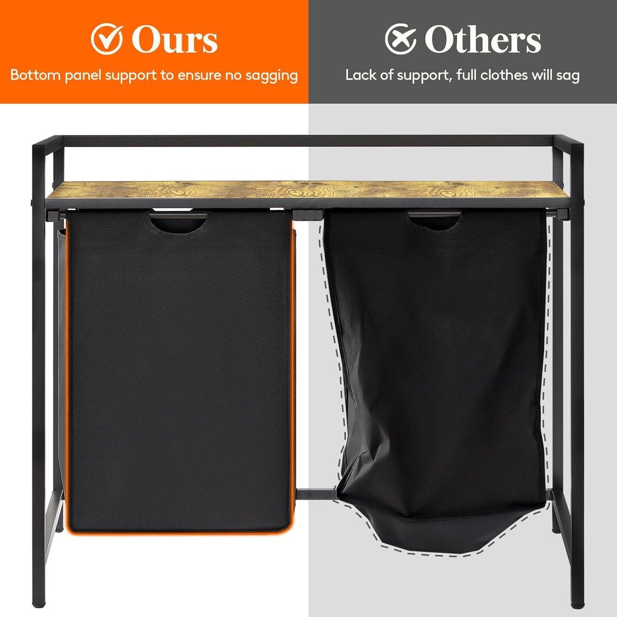 Laundry Basket 2 Sections 95 L - Shelf - Double Pull-Out Removable Bags - Laundry Sorter - Laundry Room Bedroom - Black Laundry Basket 3 Compartments