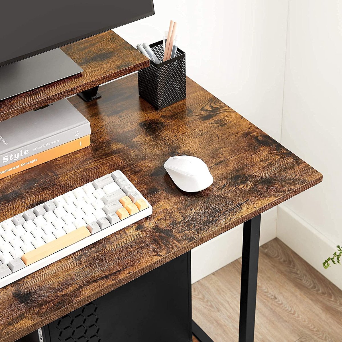 Desk, Computer Desk with Wheels, with Monitor Stand, 6 Hooks, 80 x 50 x 90 cm, Industrial Design, Vintage Brown-Black LWD085B01