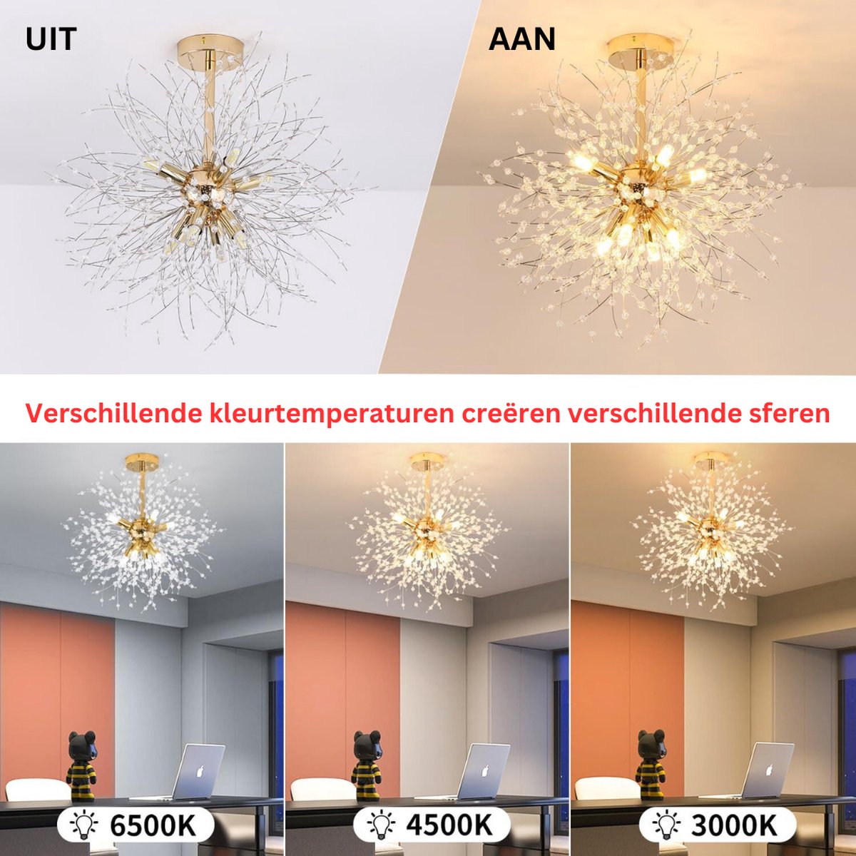 Kristallen Kroonluchter - Goud Kristal Moderne Kroonluchter 8*G9 Led Plafondlamp Vuurwerk Vorm, Verchroomde Hanglamp voor Slaapkamer, Woonkamer, Gang (exclusief lampen)