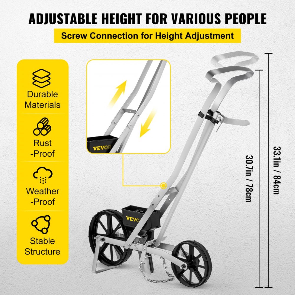 Garden Push Seeder 78-84cm High Garden Push Seeder Aluminum and ABS Row Crop Planter with Six Interchangeable Seed Plates and Row Marker for Sowing Various Crops and Vegetables