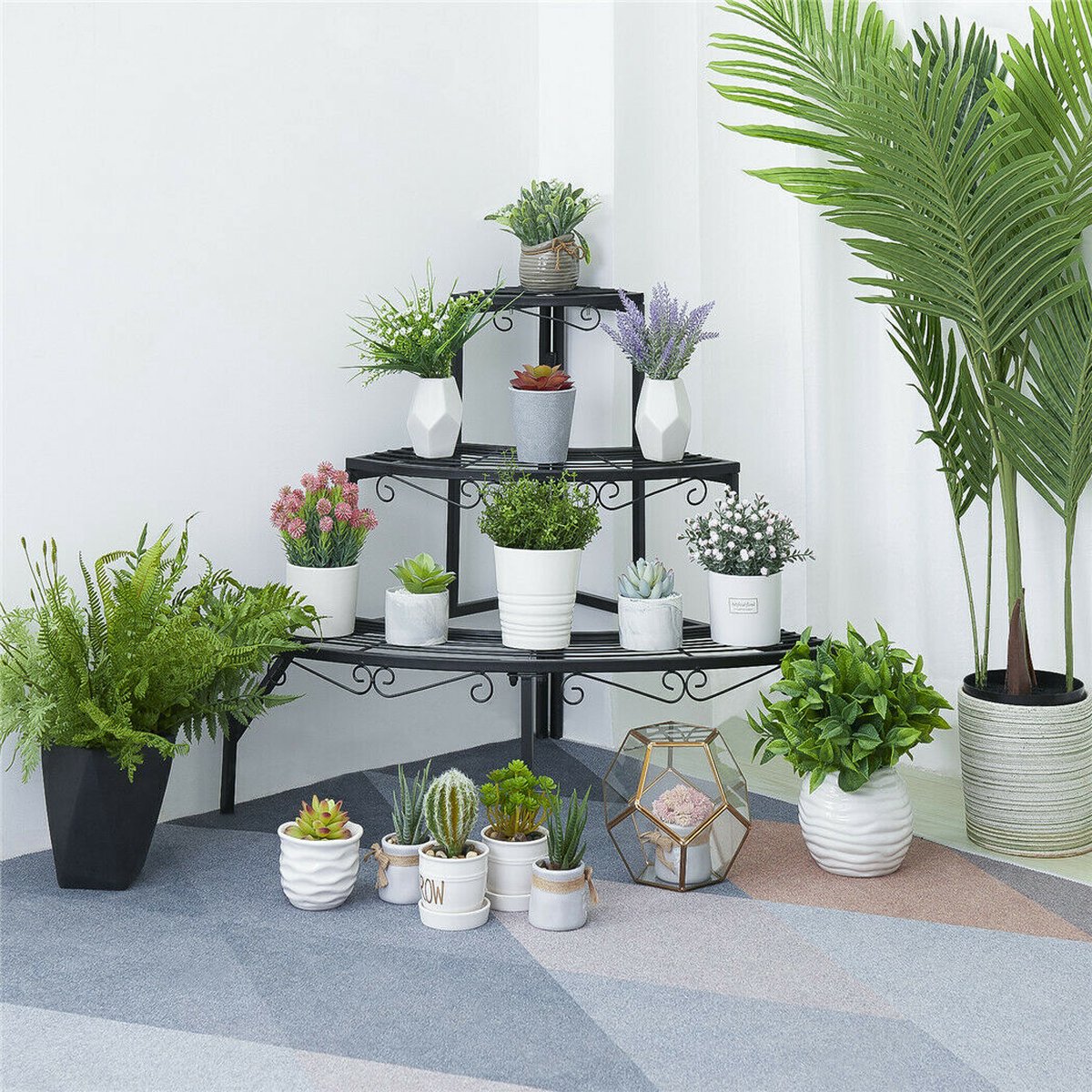 Plantentrap - Wandrek - Voor Planten - Driehoekig - Ladderkast - 3 Planken - 3 Laags - Plantenrek - Zwart - Binnen/buiten