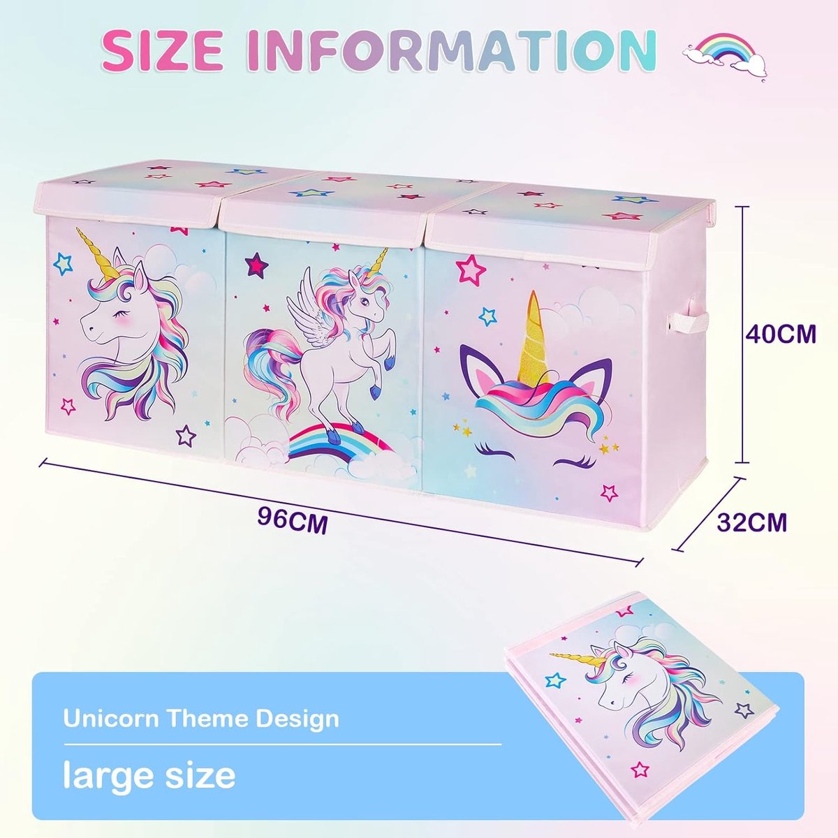 EN Unicorn toy box, large storage box with lid, for children, girls, toy box, foldable, robust, pink, 96 x 32 x 40 cm, wardrobe, children's room, nursery, bedroom