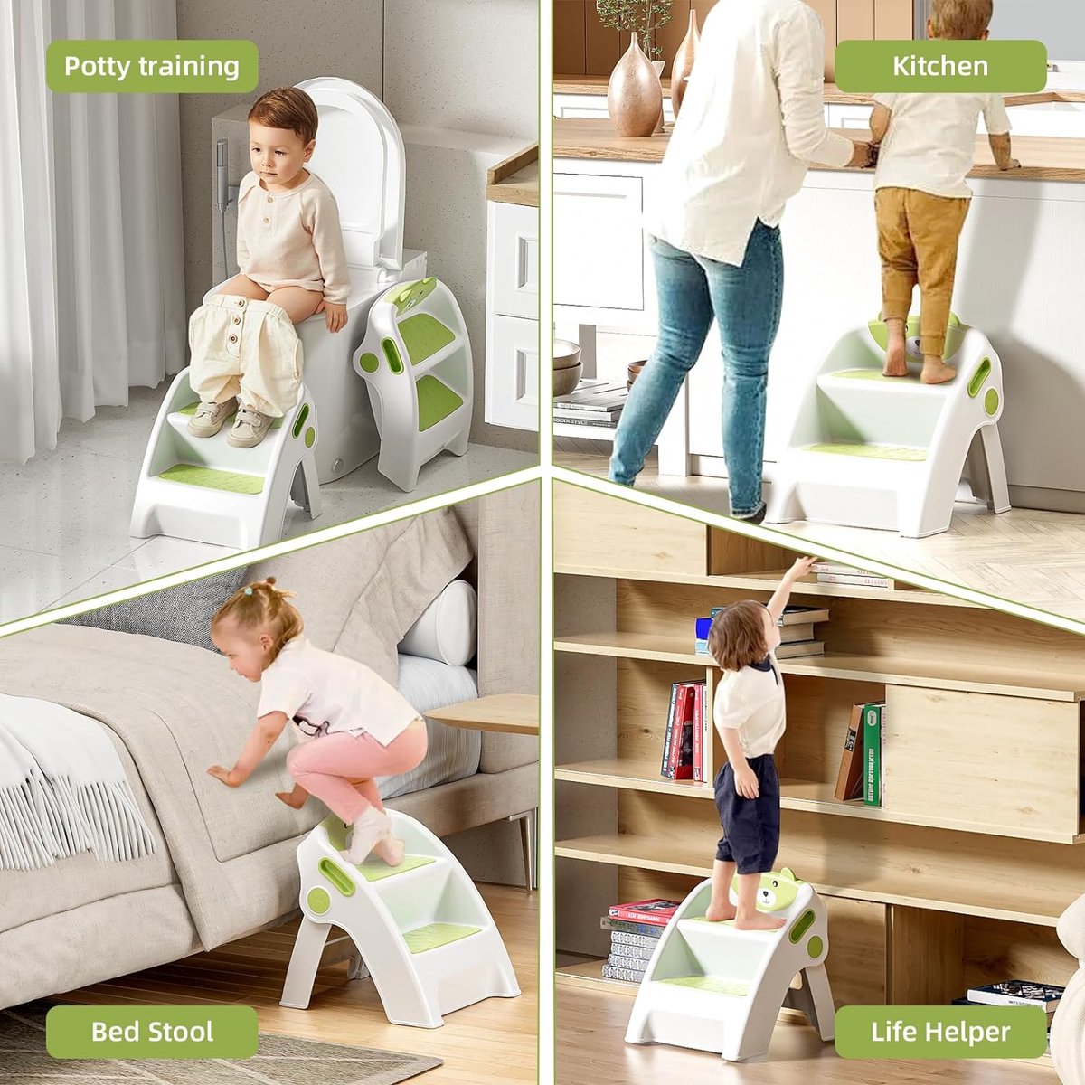 Children's Step Stool 2 Steps Baby Step Stool, Foldable Learning Tower from 6 Months, Two-Step Ladder for Bathroom, Toddler Room, Kitchen, Anti-Tilt and Non-Slip, Green