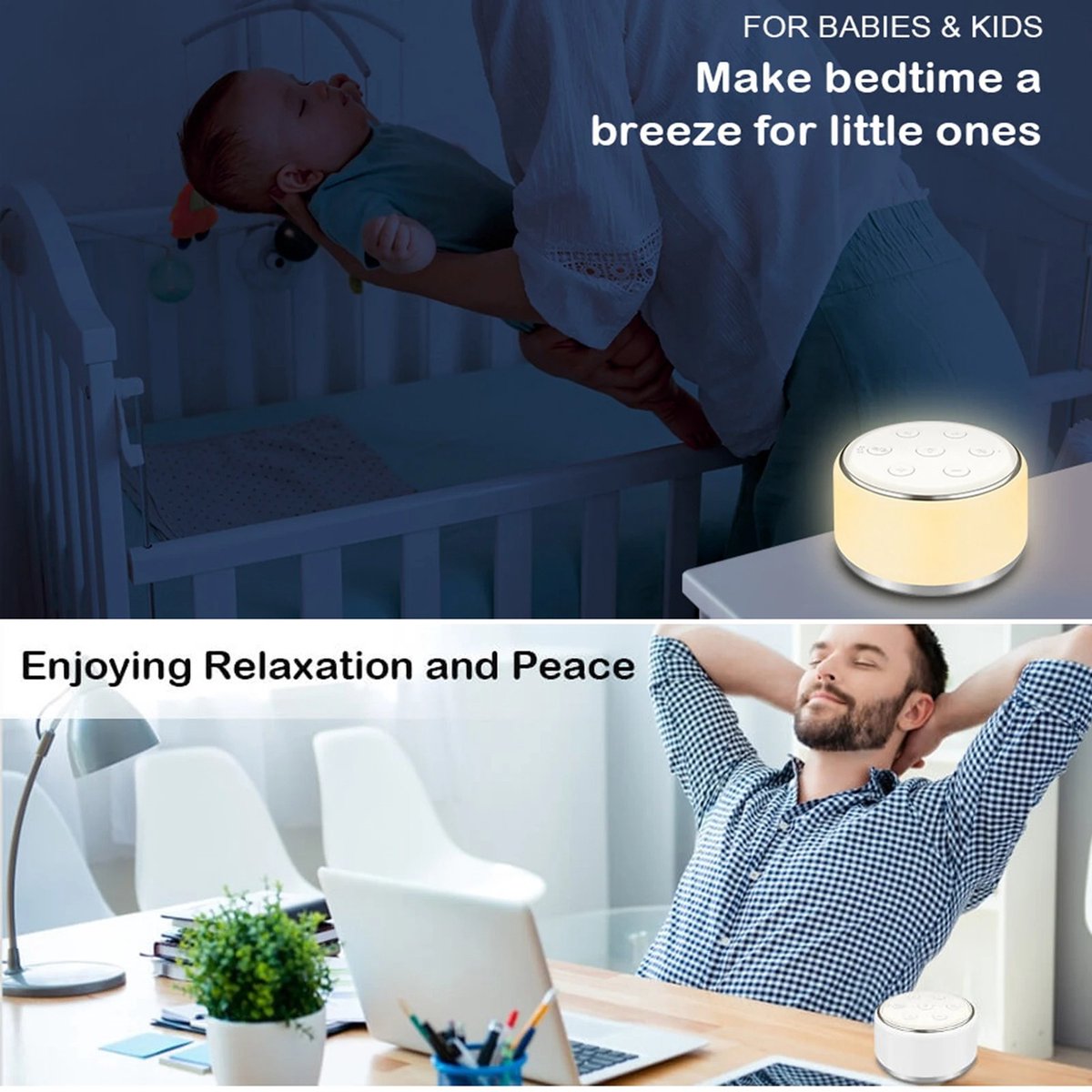 N.lux - White noise machine - Witte ruis - Baby - Slaapmuziek - Nachtlampje - 34 Rustgevende geluiden - Met timer - Slaapmachine - Slaaphulp volwassenen