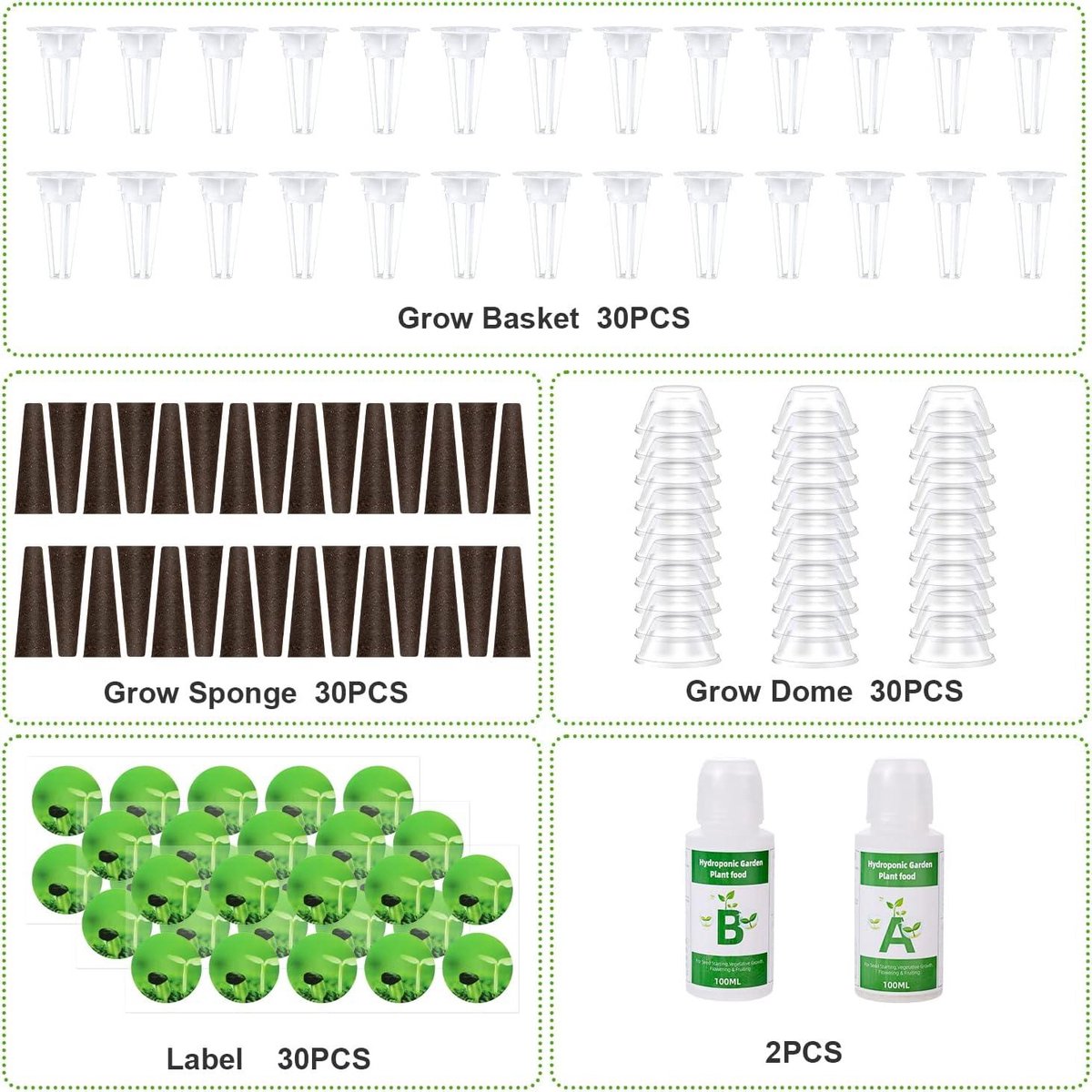 Seed Pod Kit for Hydroponic Growing System - 122 pcs - Includes 30 Grow Sponges, 30 Grow Baskets, 30 Grow Domes and 2 100ml Plant Food Hydroponics System