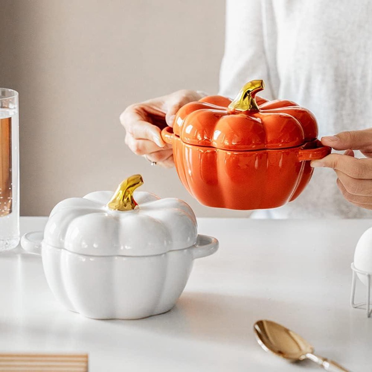 450 ml creatieve modieuze keramische pompoenkoppen, muesli-salade-dessertschalen - set van 2 met deksel soepkommen met oor