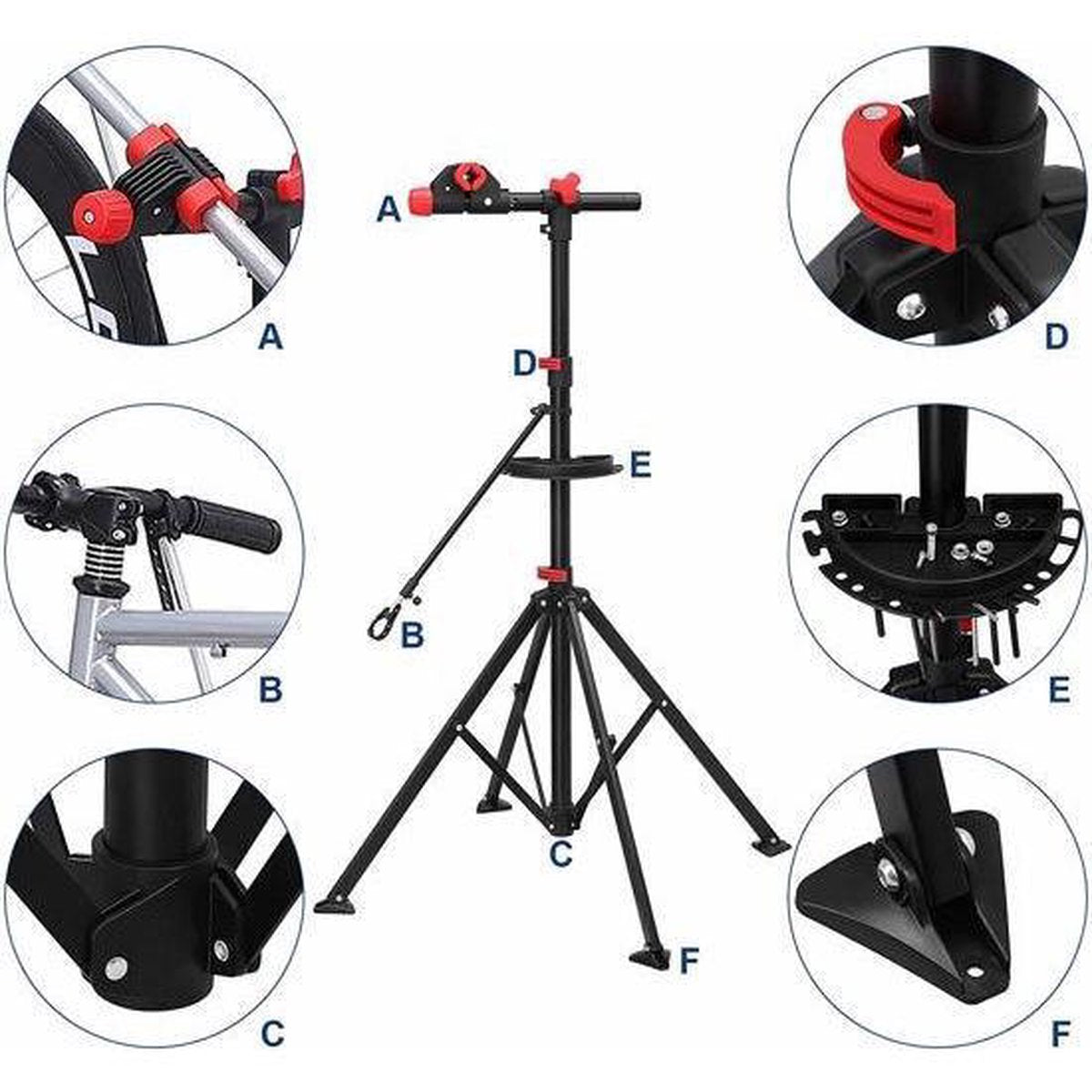 Decopatent® Sterke Montagestandaard Fiets - 360° Draaibaar - Verstelbaar + Gereedschapsbakje - Fiets Montage reparatie standaard