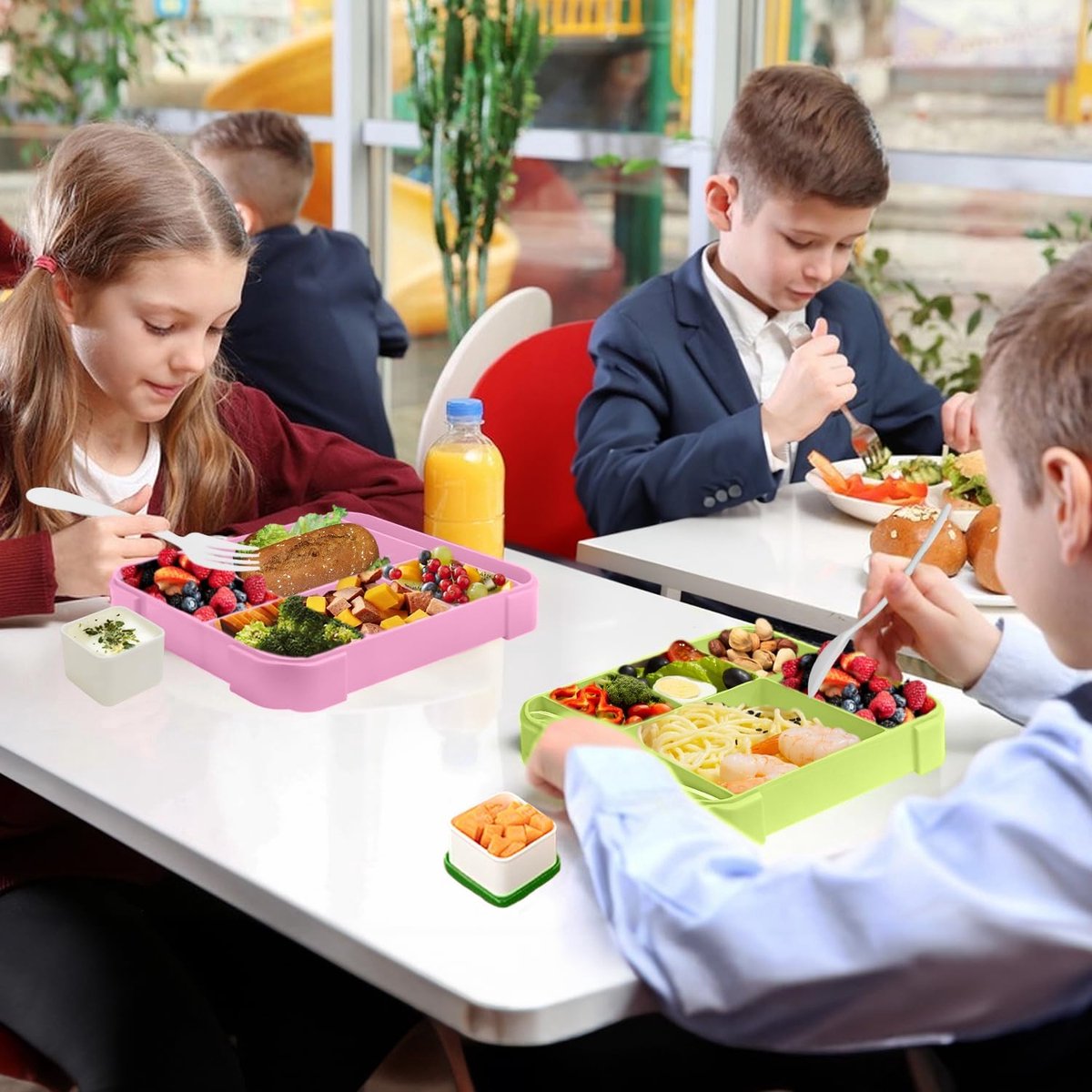 Lunchbox 1300 ml, lekvrij, broodtrommel voor kinderen met 5 vakken en bestekset, BPA-vrij, broodtrommel voor kinderen en volwassenen, voor magnetron, vaatwasser (blauw-geel)