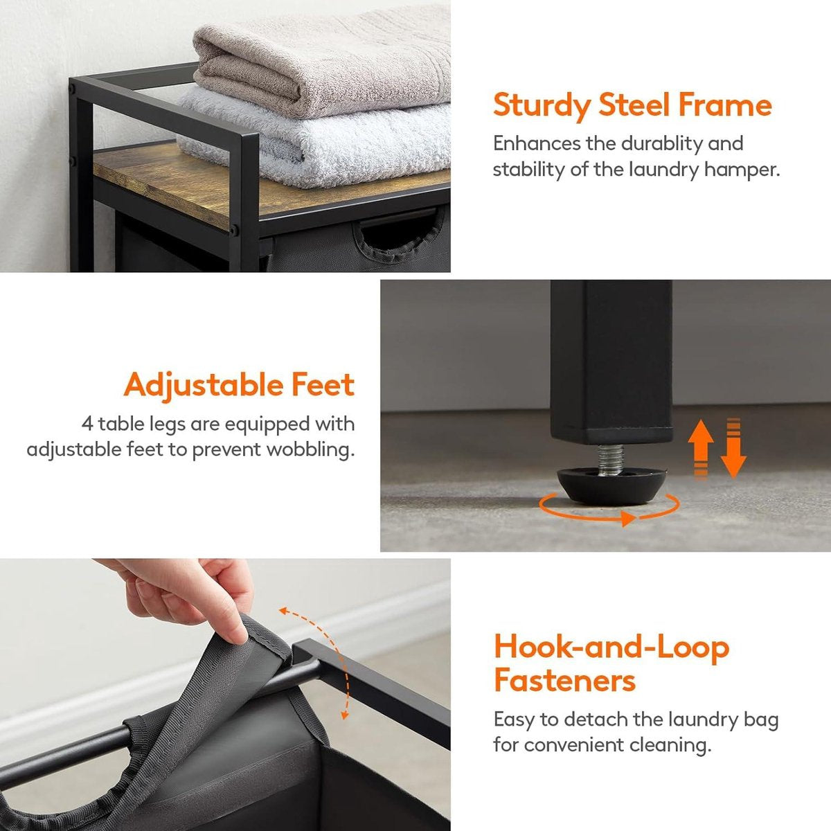 Laundry Basket 2 Sections 95 L - Shelf - Double Pull-Out Removable Bags - Laundry Sorter - Laundry Room Bedroom - Black Laundry Basket 3 Compartments
