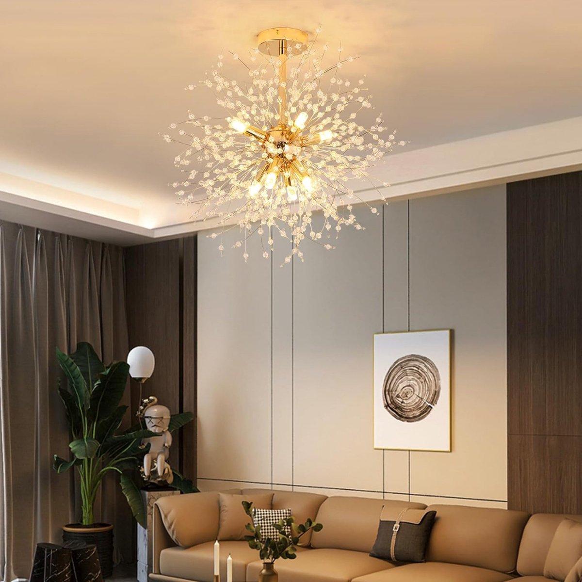Kristallen Kroonluchter - Goud Kristal Moderne Kroonluchter 8*G9 Led Plafondlamp Vuurwerk Vorm, Verchroomde Hanglamp voor Slaapkamer, Woonkamer, Gang (exclusief lampen)