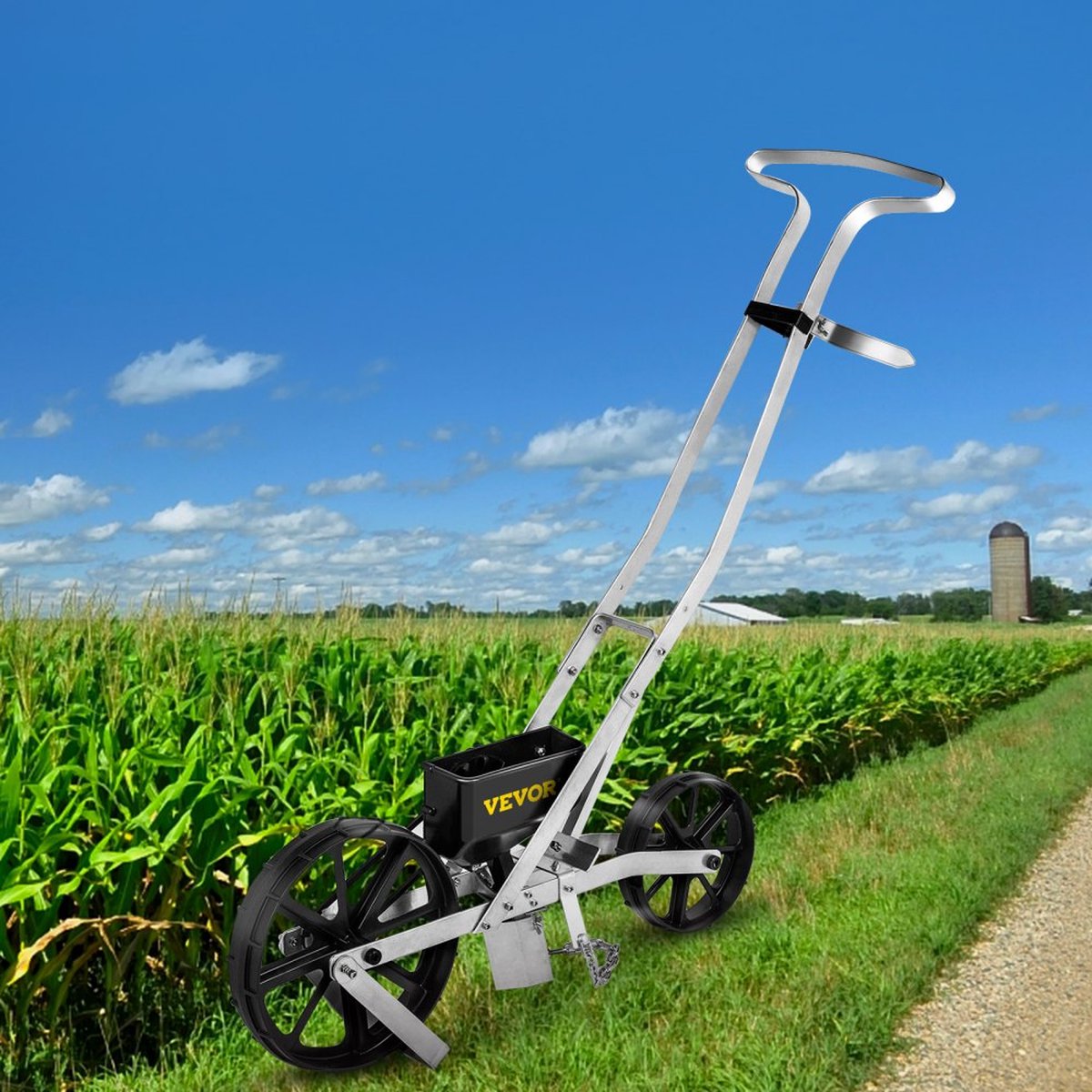Garden Push Seeder 78-84cm High Garden Push Seeder Aluminum and ABS Row Crop Planter with Six Interchangeable Seed Plates and Row Marker for Sowing Various Crops and Vegetables