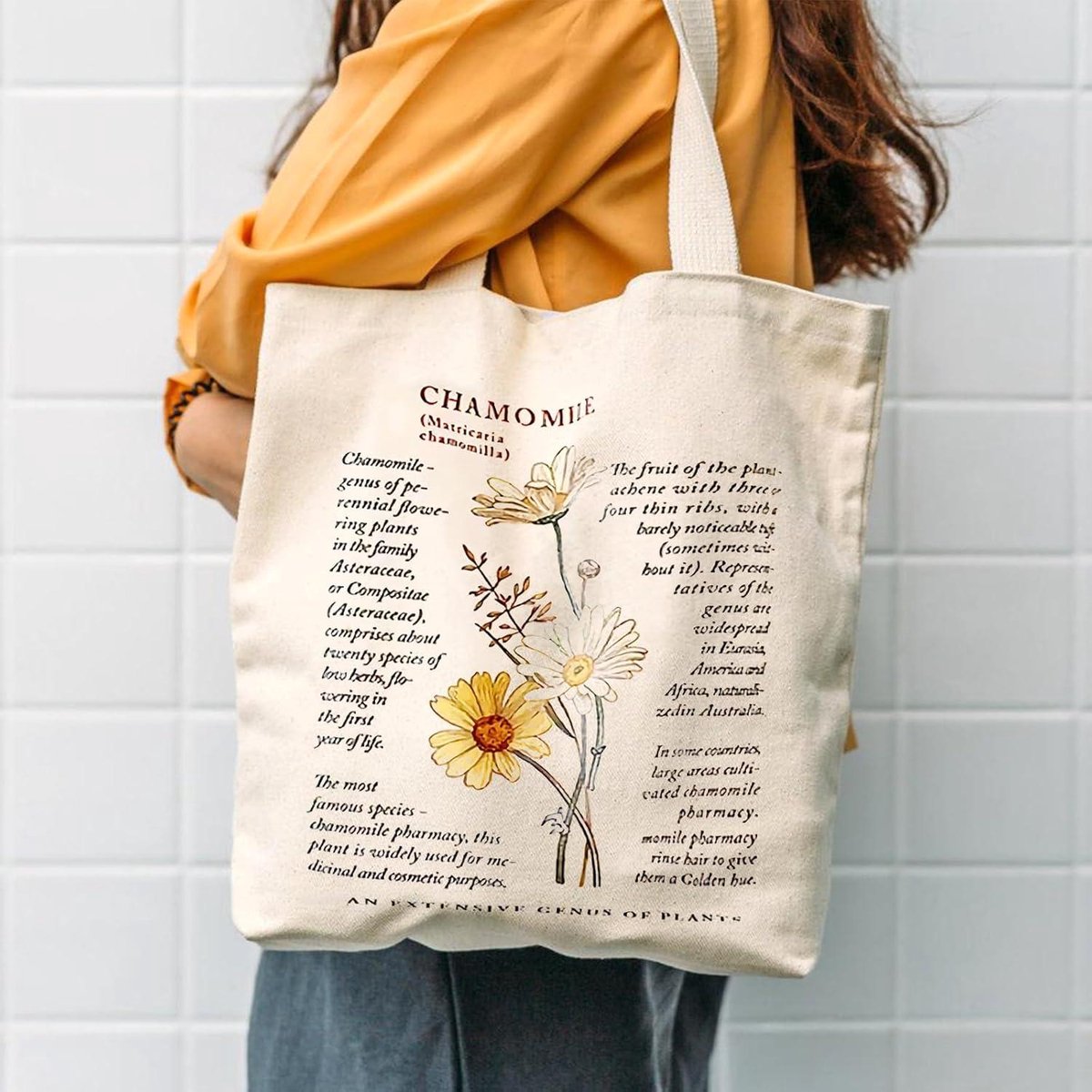 Printed chamomile fabric bags - cotton, jute - women's shopping bag - aesthetic canvas tote bag - leisure shopper tote bag with zipper