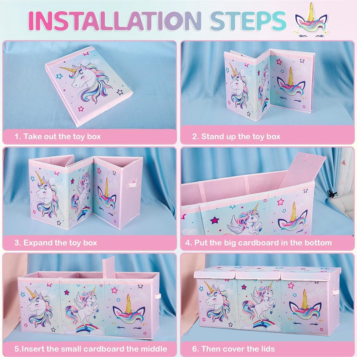 EN Unicorn toy box, large storage box with lid, for children, girls, toy box, foldable, robust, pink, 96 x 32 x 40 cm, wardrobe, children's room, nursery, bedroom