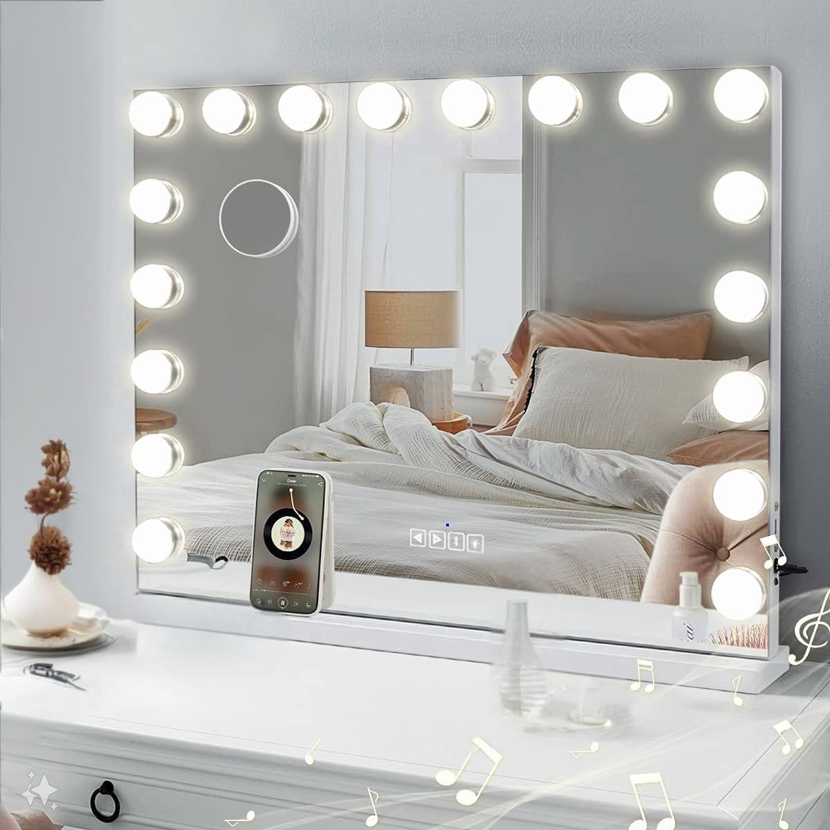 WINKEL YOLO-spiegel met verlichting - Bluetooth Make-up Spiegel met verlichting 18 LED-lamp Dressoir Spiegel Hollywood Spiegel met USB oplaadpoort 3 kleurtemperaturen