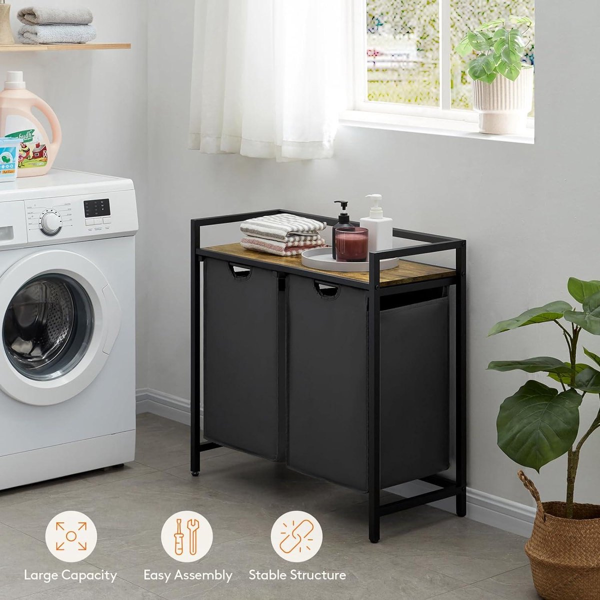 Laundry Basket 2 Sections 95 L - Shelf - Double Pull-Out Removable Bags - Laundry Sorter - Laundry Room Bedroom - Black Laundry Basket 3 Compartments