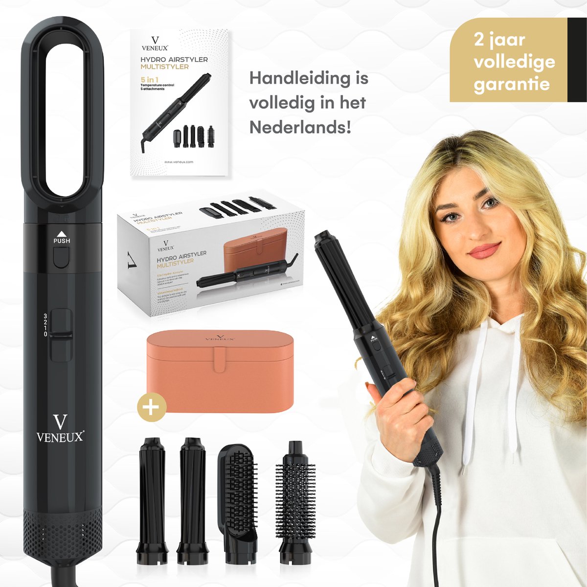 VENEUX® Föhnborstel - Airstyler - Krulborstel - Krultangen - 5 in 1 Multistyler - Met Opbergcase - Zwart