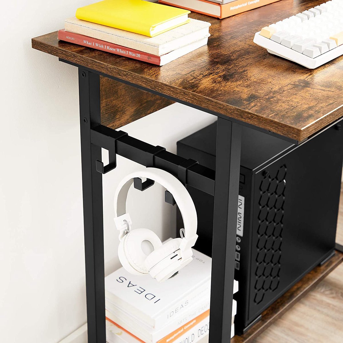 Desk, Computer Desk with Wheels, with Monitor Stand, 6 Hooks, 80 x 50 x 90 cm, Industrial Design, Vintage Brown-Black LWD085B01