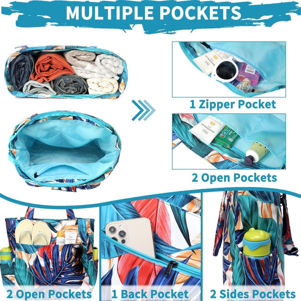 Waterdichte Zanddichte Strandtas voor Vrouwen - Grote Zwemtas - Stijlvolle Ritssluiting - Gym Reizen Winkelen School - Palmblad Tote bag met ritssluiting