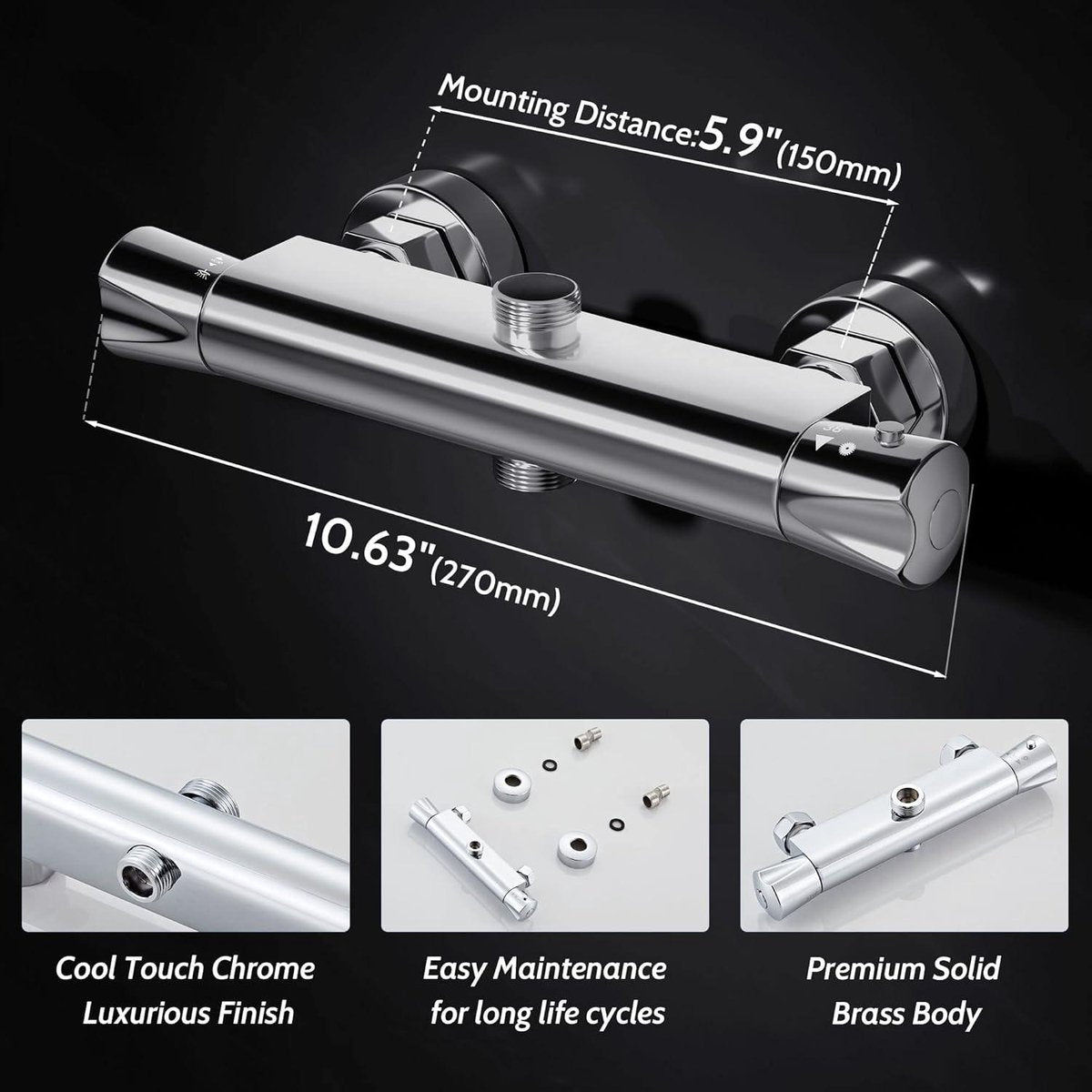 Thermostatic Shower Mixer Tap with Dual Outlet - 3/4" BSP - Chrome - Wall Mounted