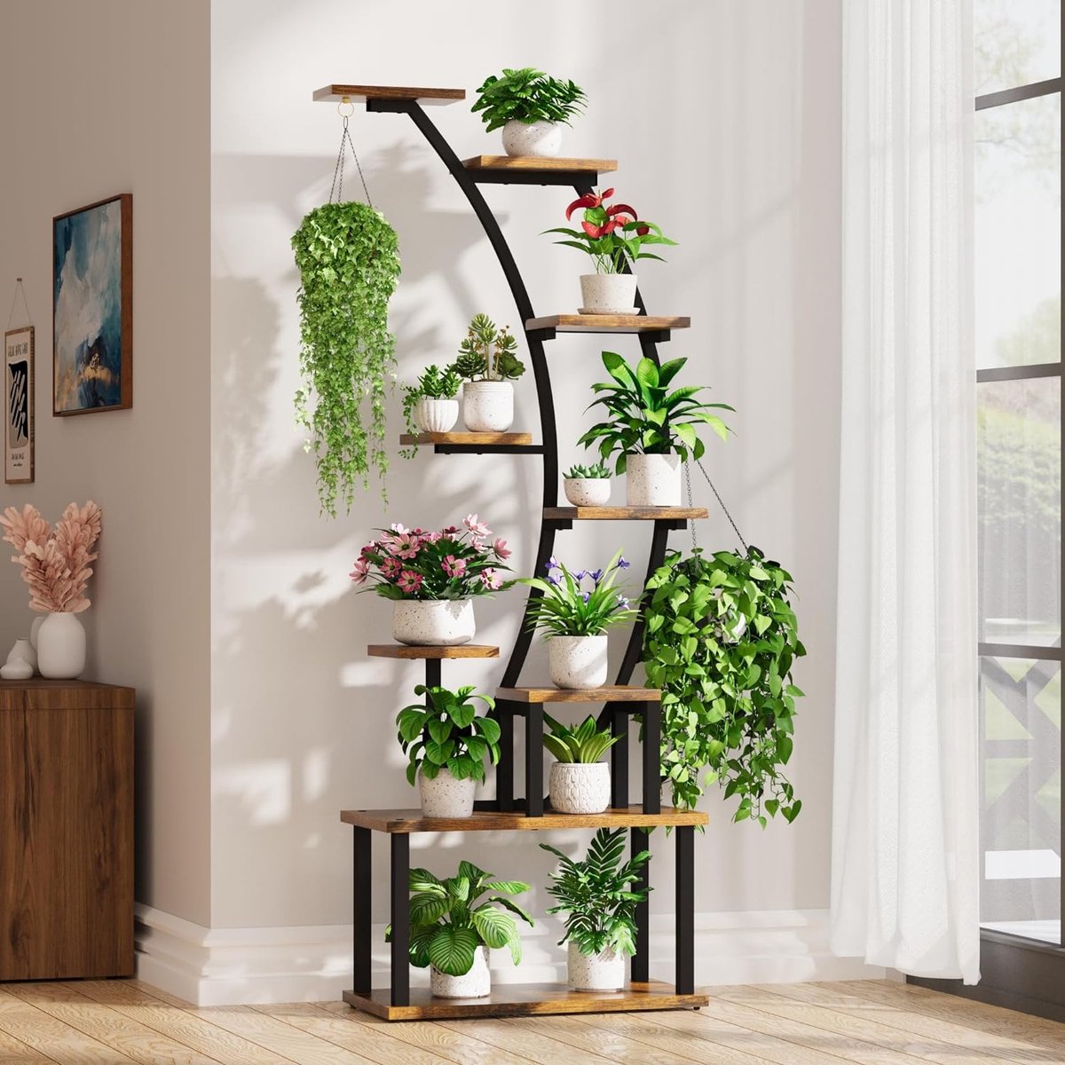 Indoor Plant Stand: 9-tier Metal Plant Rack, 160 cm High, Room for Multiple Houseplants, Corner Flower Stand for Living Room, Patio, Metal/Wood, Black