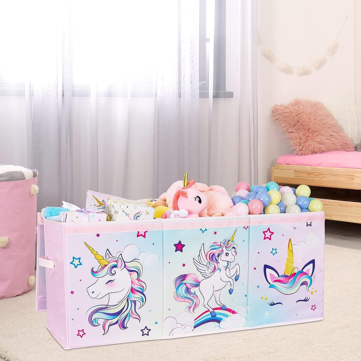 EN Unicorn toy box, large storage box with lid, for children, girls, toy box, foldable, robust, pink, 96 x 32 x 40 cm, wardrobe, children's room, nursery, bedroom