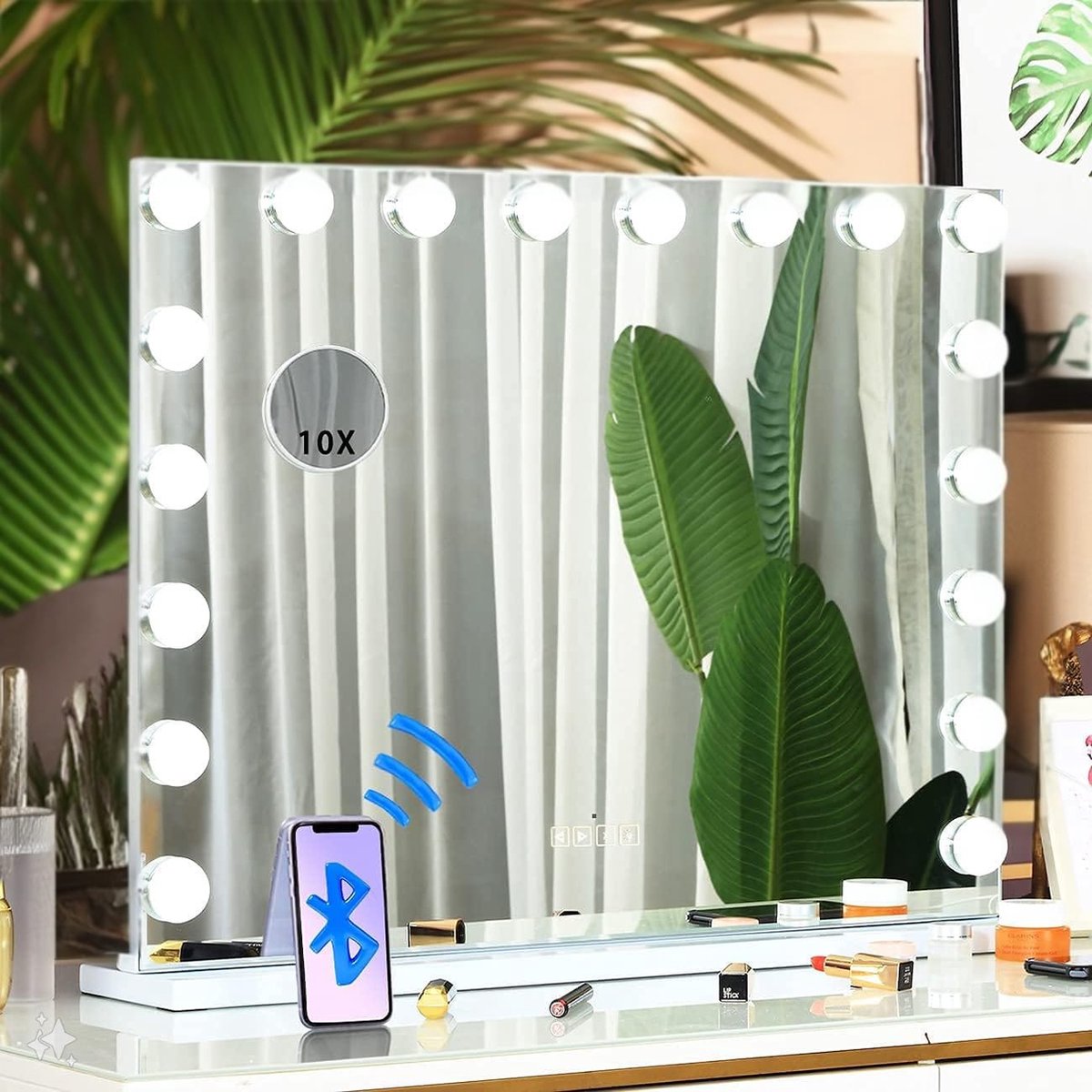 WINKEL YOLO-spiegel met verlichting - Bluetooth Make-up Spiegel met verlichting 18 LED-lamp Dressoir Spiegel Hollywood Spiegel met USB oplaadpoort 3 kleurtemperaturen