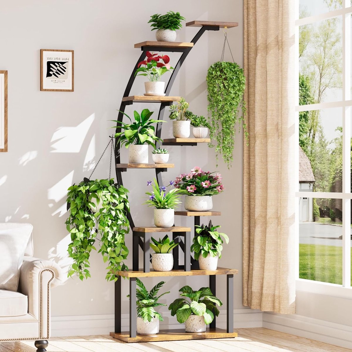 Indoor Plant Stand: 9-tier Metal Plant Rack, 160 cm High, Room for Multiple Houseplants, Corner Flower Stand for Living Room, Patio, Metal/Wood, Black