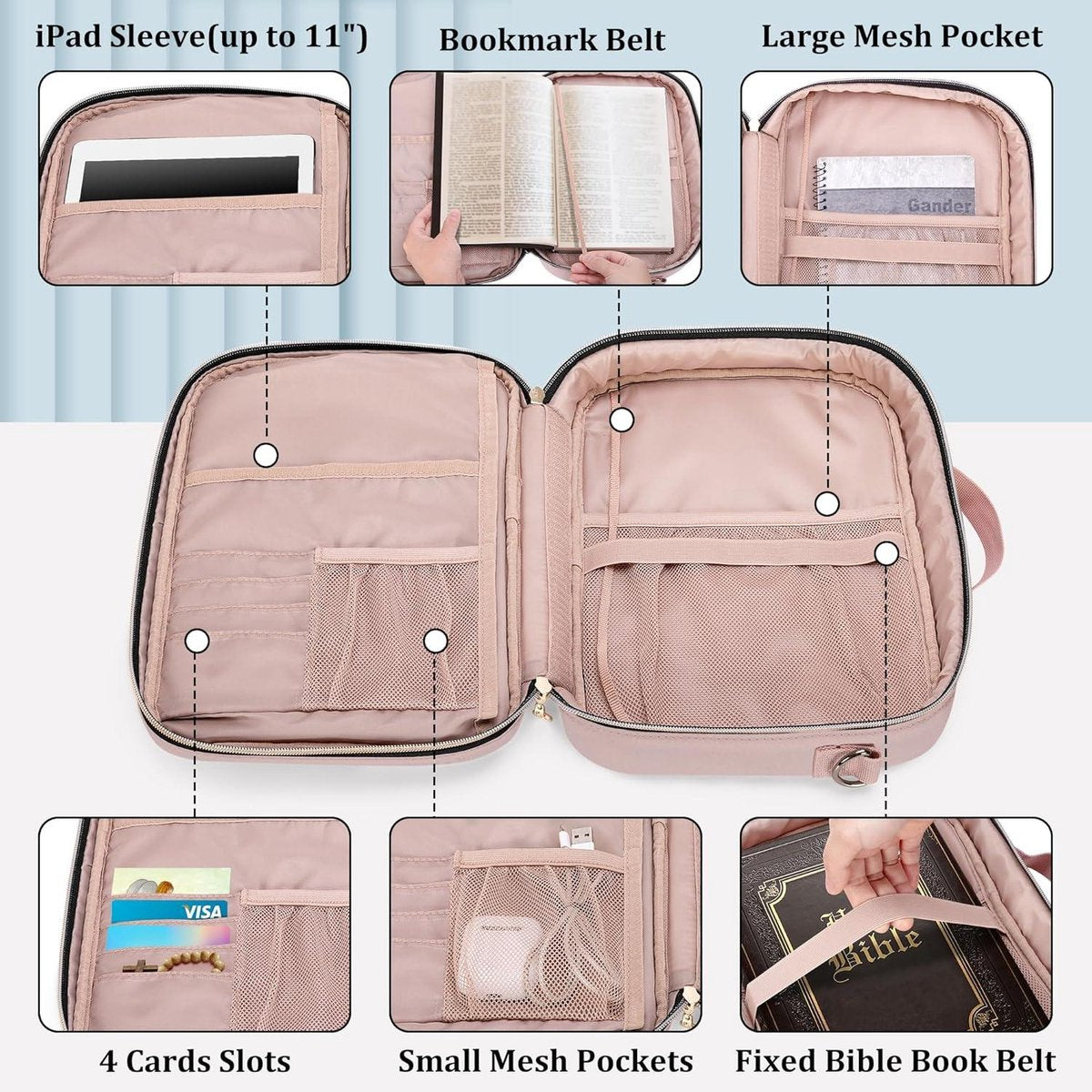 Bible Carrying Bag with Handle and Detachable Shoulder Strap - Stylish Large Size Bible Bag - Pink Color with Zipper - Modern Design Bible Cover
