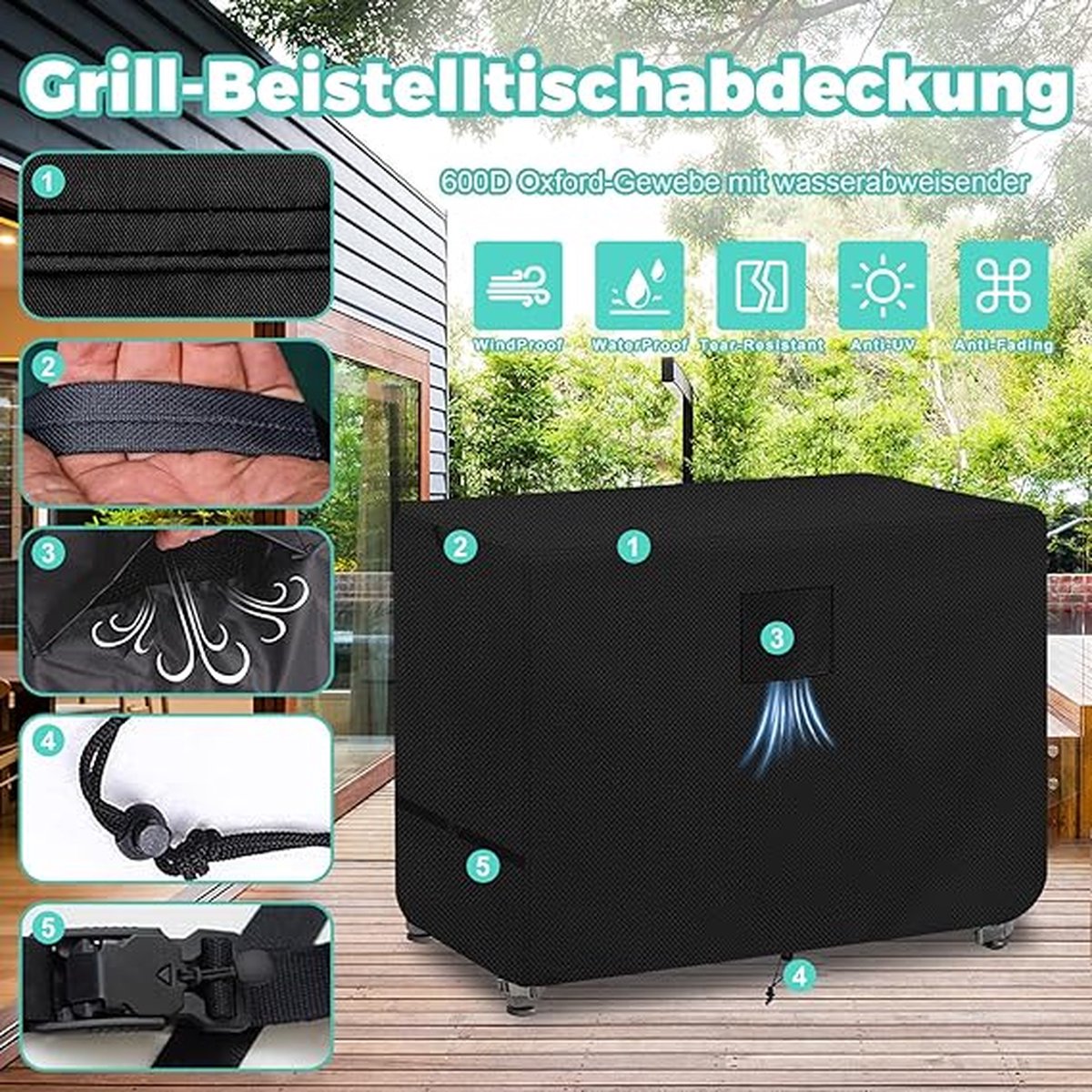 SHOP YOLO-bbq hoes-voor BBQ-zijtafel-140 x 61 x 92 cm-zijtafelafdekking-waterdicht UV-bestendig-buiten grill-prep tafelafdekking-zwart