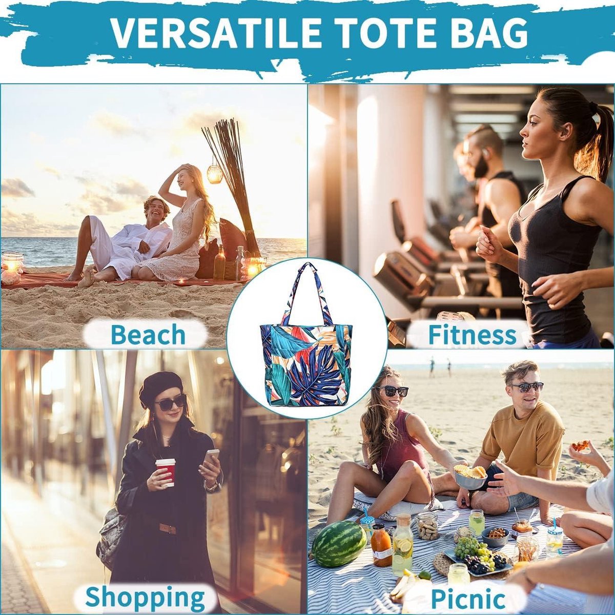 Waterdichte Zanddichte Strandtas voor Vrouwen - Grote Zwemtas - Stijlvolle Ritssluiting - Gym Reizen Winkelen School - Palmblad Tote bag met ritssluiting