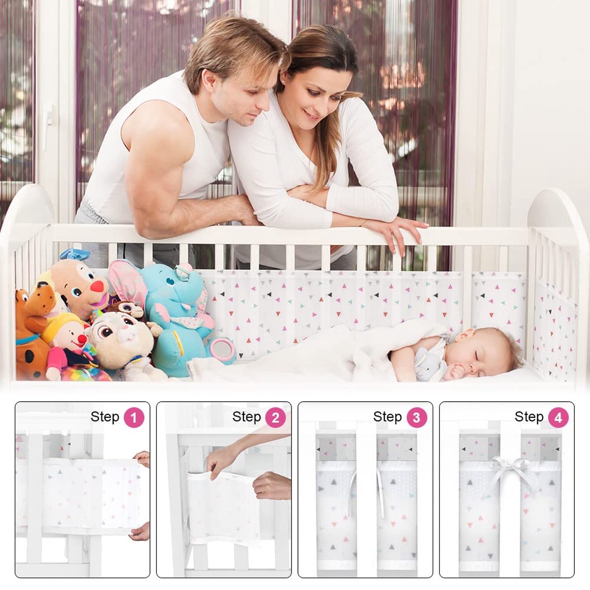 Bedomranding nestje, nestje voor kinderbedden, randbescherming, babybed, ademende bekleding, hoofdbescherming babybed, omrandingen, valbescherming voor babybed, rasterstokken, olifant (driehoek)