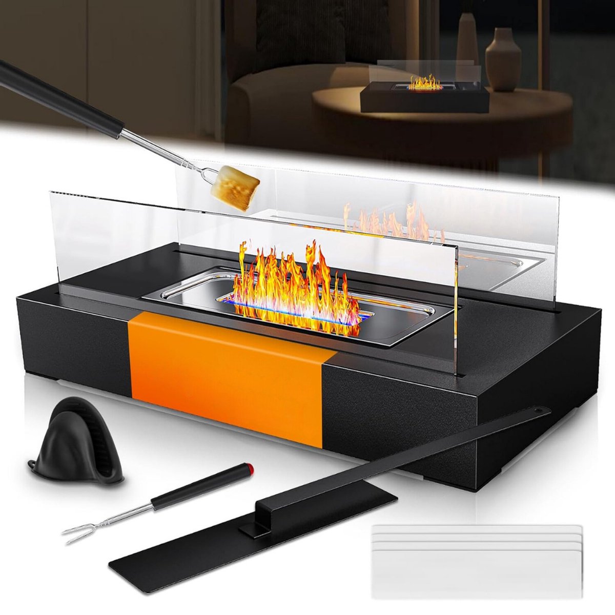 Table Fireplace - For Outdoor Use - Decorative Fireplace - With Accessories - Bio Ethanol Not Included - Glass - Indoor Flame