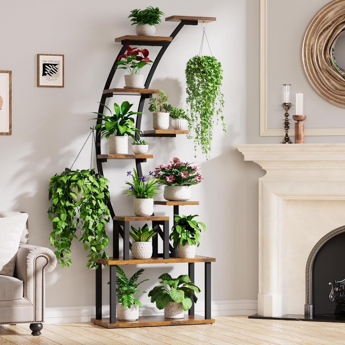 Indoor Plant Stand: 9-tier Metal Plant Rack, 160 cm High, Room for Multiple Houseplants, Corner Flower Stand for Living Room, Patio, Metal/Wood, Black