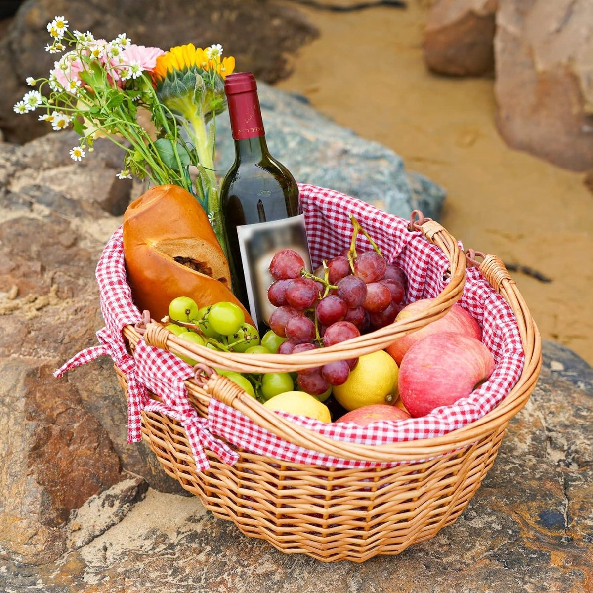 Double Folding Handle Wicker Picnic Basket - Hand-Woven Willow Picnic Basket for Easter - Easter Egg, Candy, Bath Toy Storage
