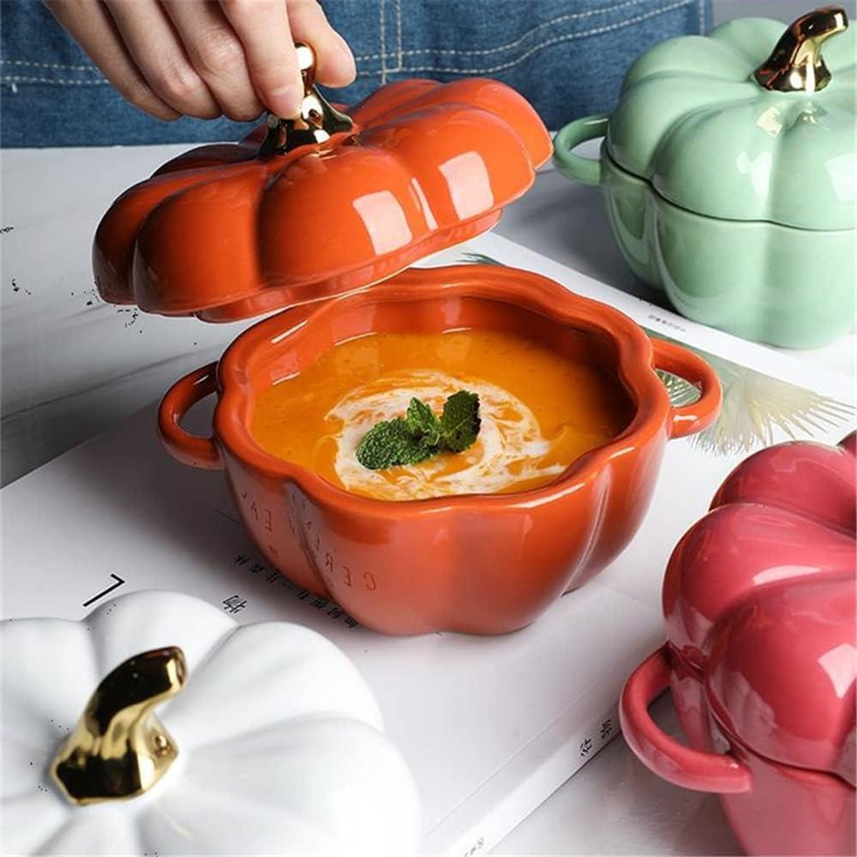 450 ml creatieve modieuze keramische pompoenkoppen, muesli-salade-dessertschalen - set van 2 met deksel soepkommen met oor