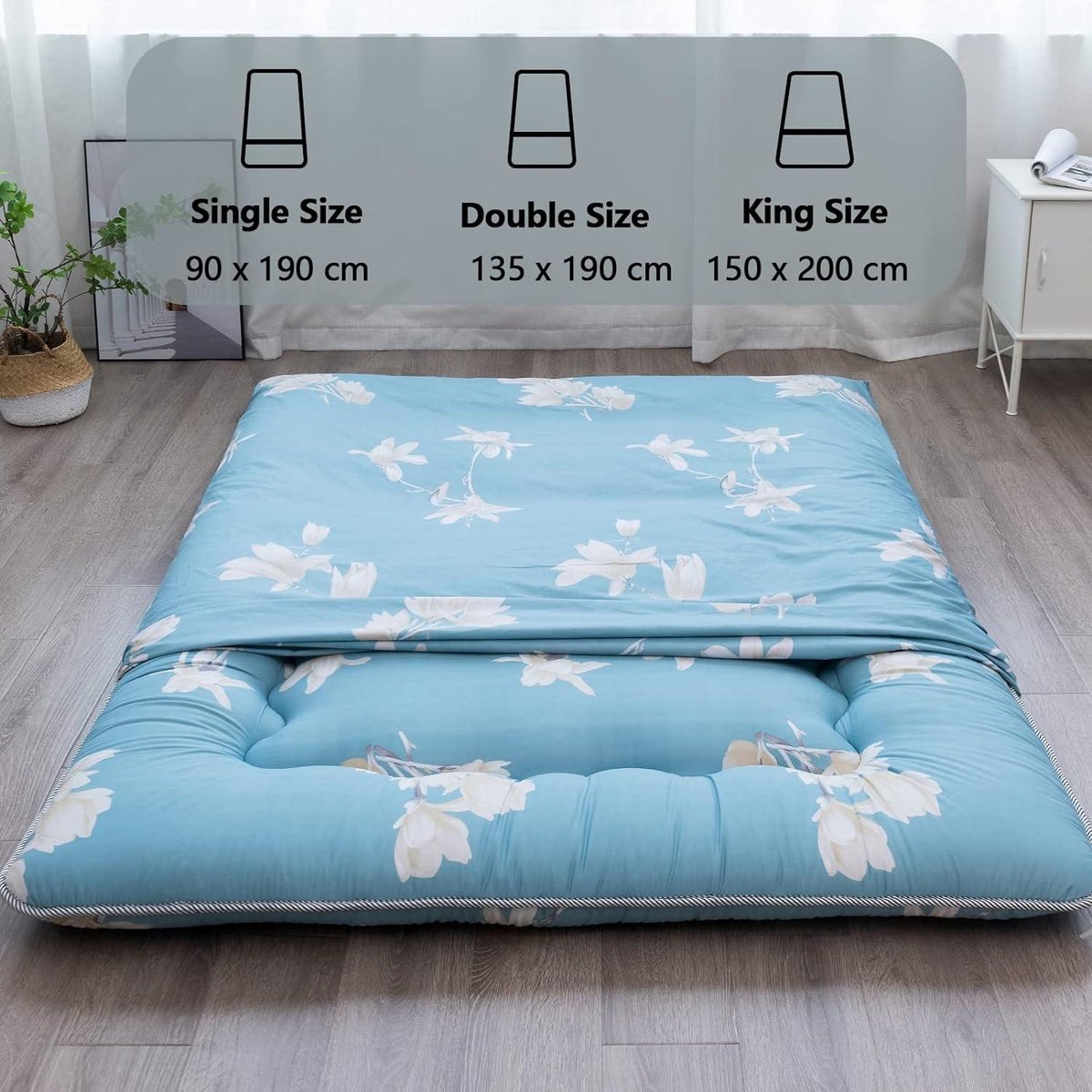 YOSHOOT Magnolia Futon Mattress for 1 Person - Foldable Japanese Floor Bed - Portable Camping Mattress - Roll-Up Lounger Sofa - 150 x 200 cm Foldable Mattress