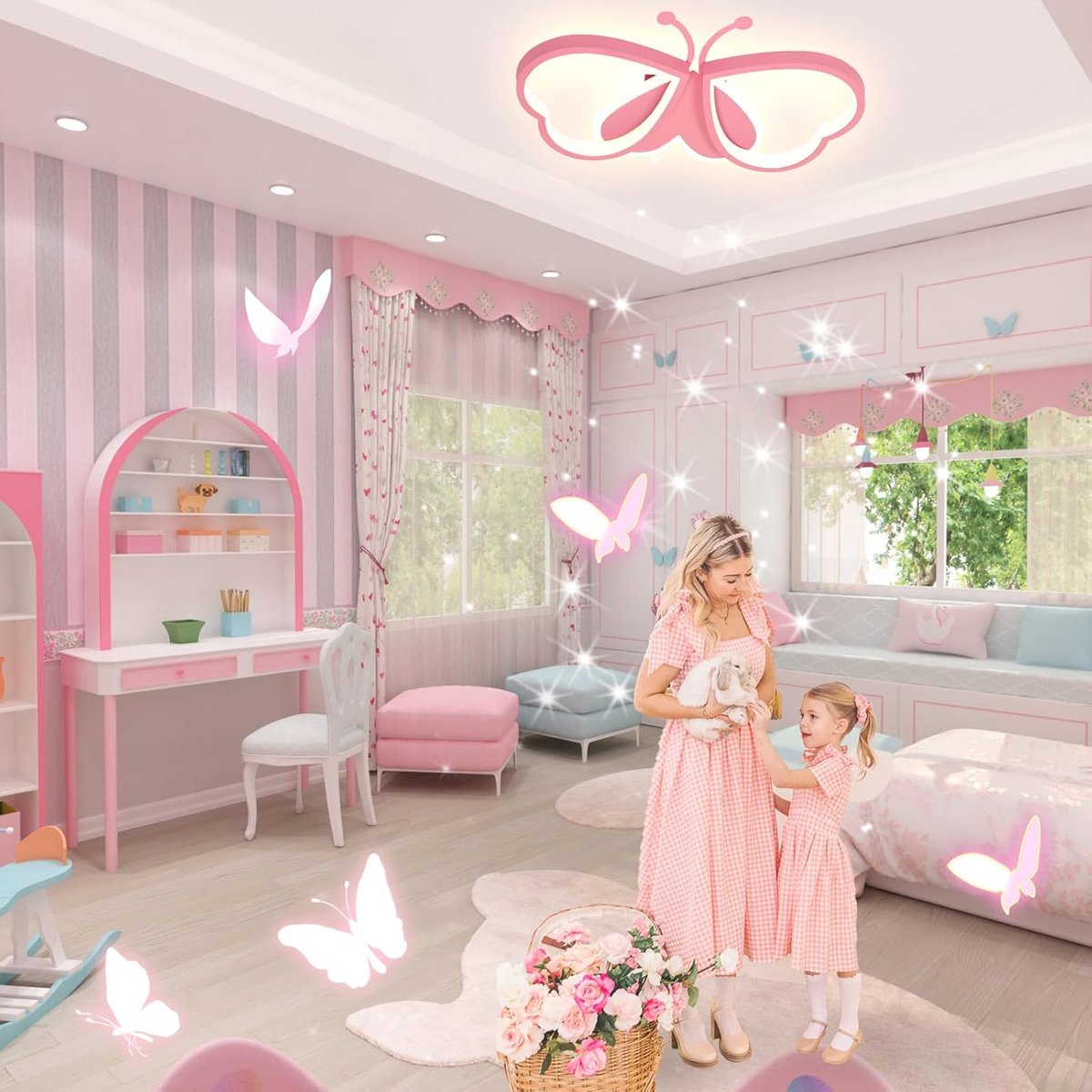 Vlinder Harten Plafondlamp - Moderne Lamp - Roze - 50 cm - Plafonnière - Kroonluchter - Kinderkamer Verlichting - 3 Kleuren - Dieren Thema