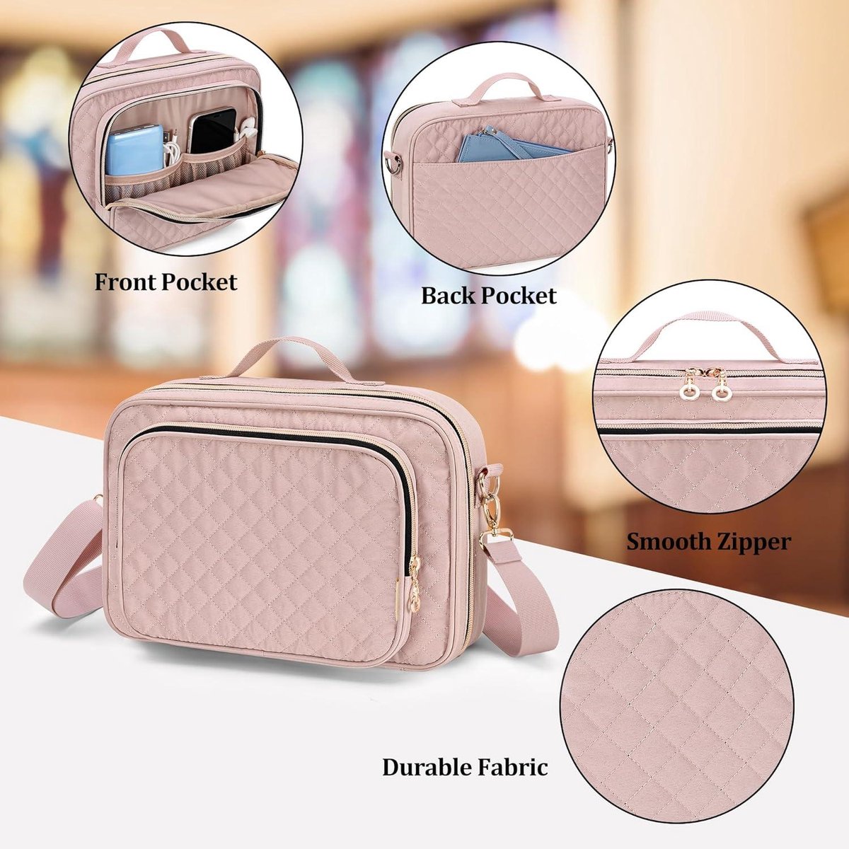 Bible Carrying Bag with Handle and Detachable Shoulder Strap - Stylish Large Size Bible Bag - Pink Color with Zipper - Modern Design Bible Cover