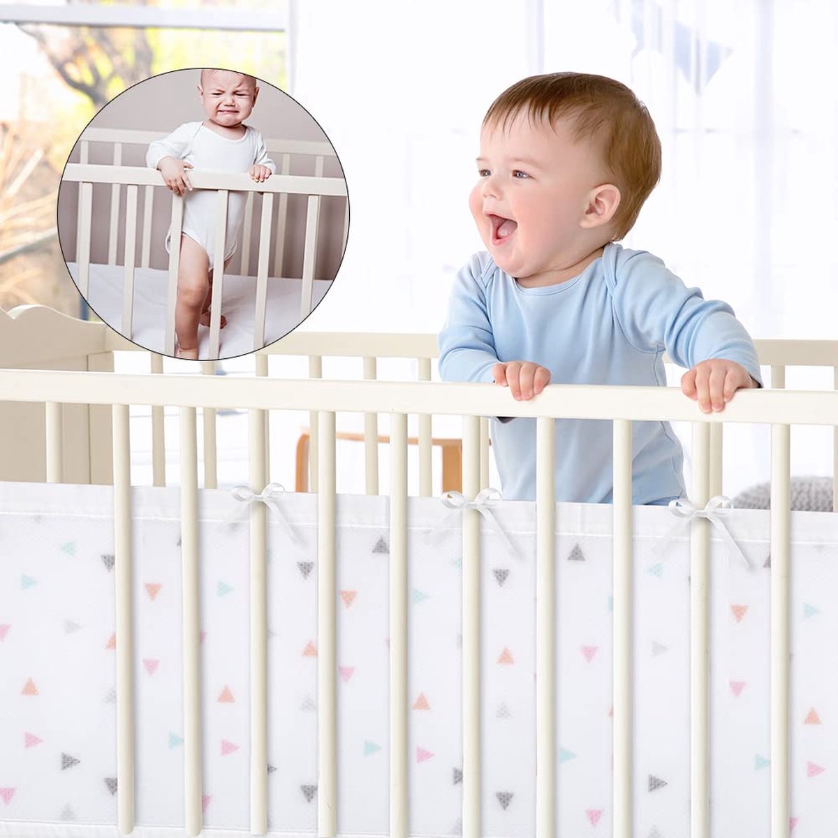 Bedomranding nestje, nestje voor kinderbedden, randbescherming, babybed, ademende bekleding, hoofdbescherming babybed, omrandingen, valbescherming voor babybed, rasterstokken, olifant (driehoek)
