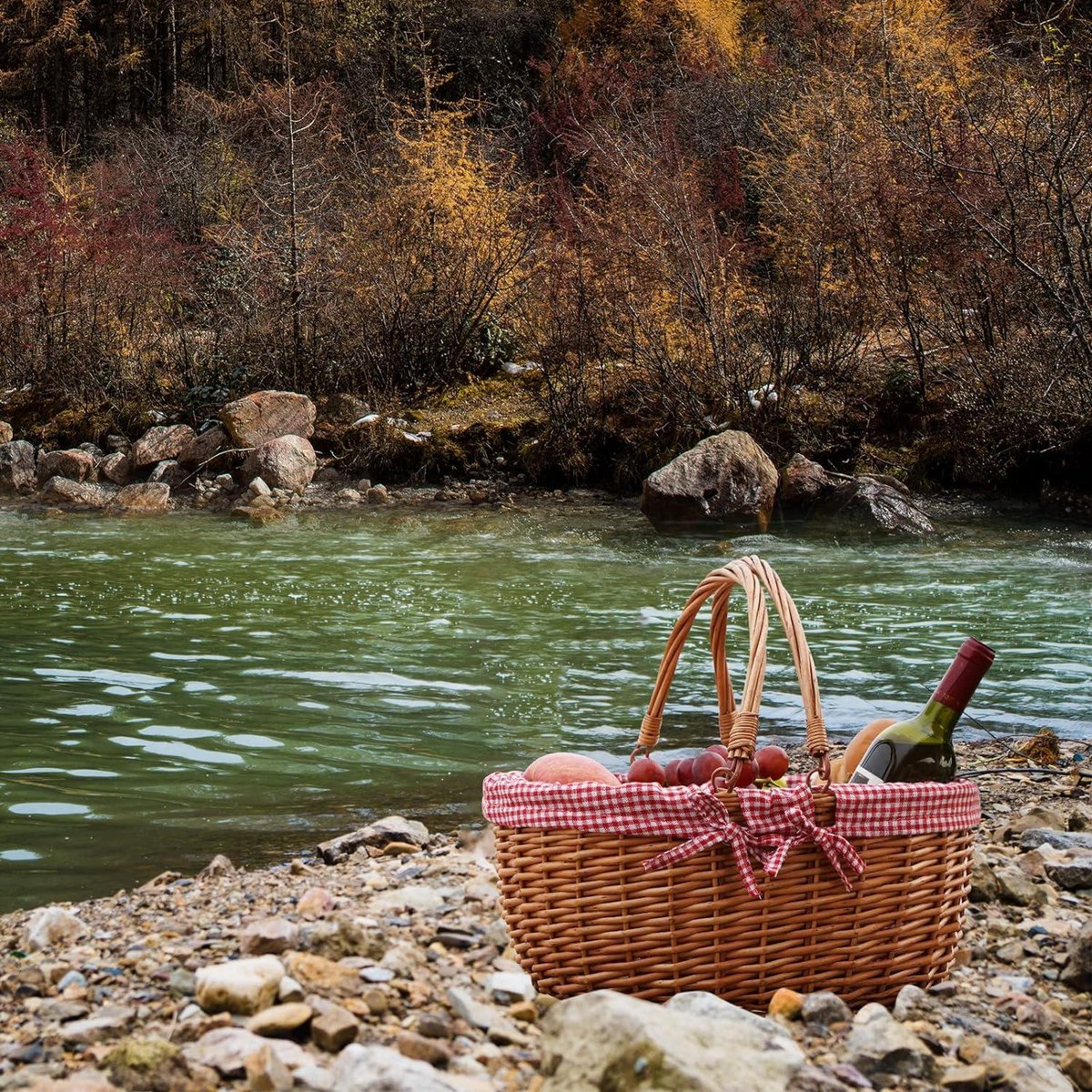 Double Folding Handle Wicker Picnic Basket - Hand-Woven Willow Picnic Basket for Easter - Easter Egg, Candy, Bath Toy Storage