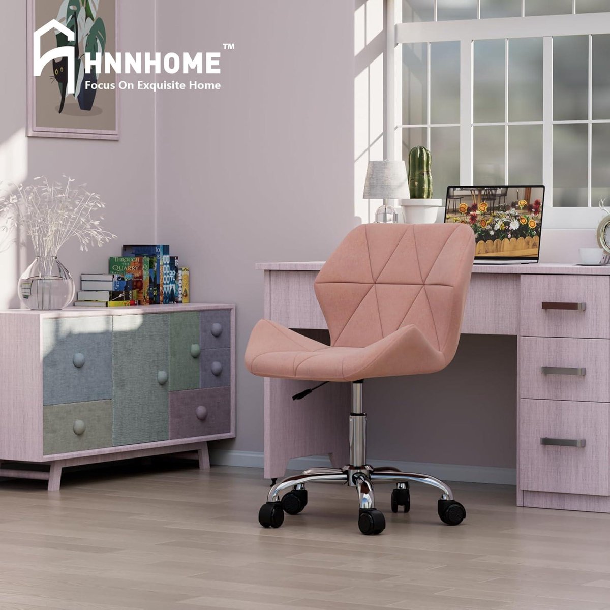 Modern Quilted Pink Velvet Eris Swivel Fabric Home Office Desk Computer Chair - Height Adjustable