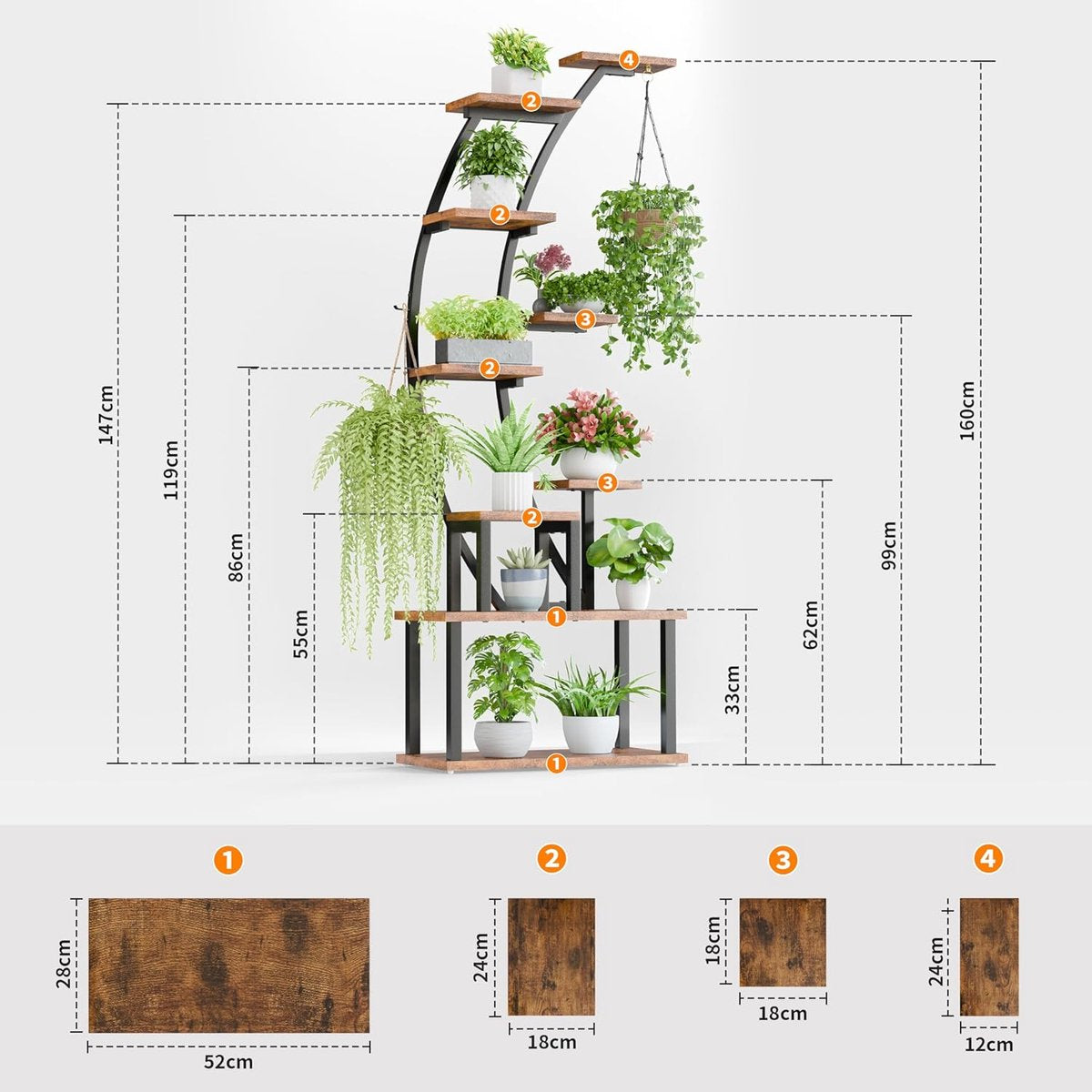 Indoor Plant Stand: 9-tier Metal Plant Rack, 160 cm High, Room for Multiple Houseplants, Corner Flower Stand for Living Room, Patio, Metal/Wood, Black