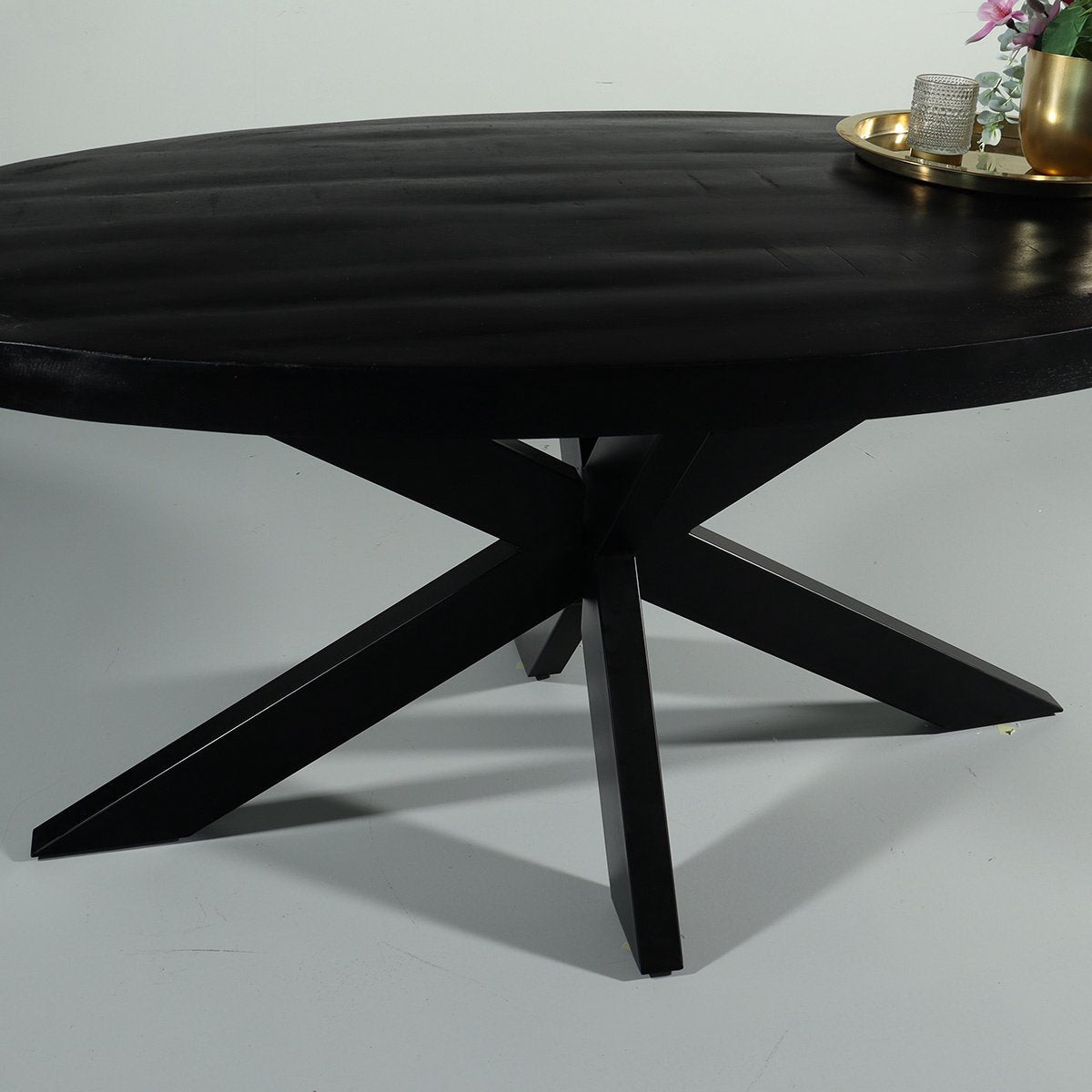 Eettafel ovaal mangohout 160cm James zwart ovale industriële tafel duurzaam mango eetkamertafel