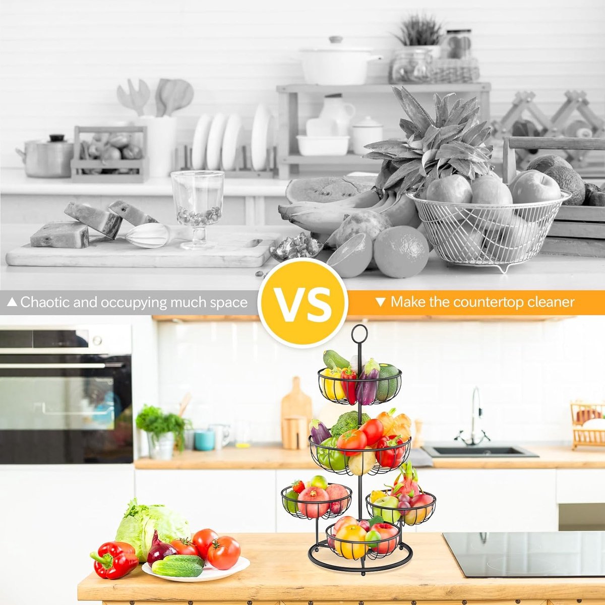 5-laagse fruitmand, metalen fruitschaalrek voor meer ruimte op het werkblad, moderne fruitschaalorganizer, fruitopslag voor brood, snacks, groenten (zwart)