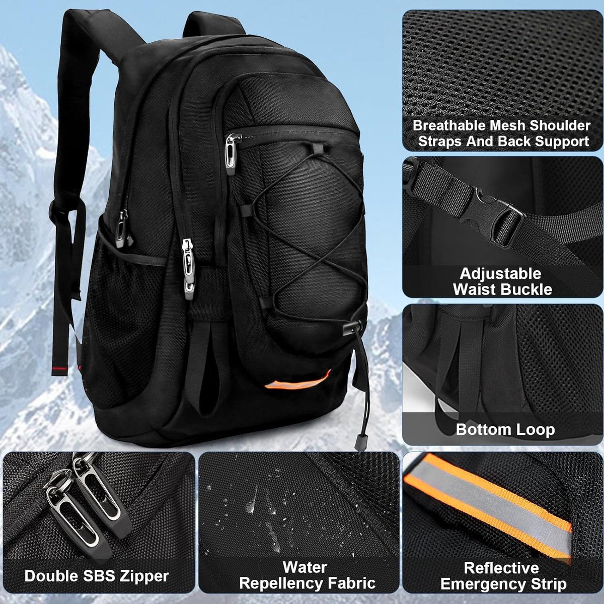 Backpack for men, 40 litre, hiking backpack, trekking backpack, waterproof travel backpack, unisex, adults, water-resistant, outdoor backpack for climbing, camping, horse riding, travel, Black 40L