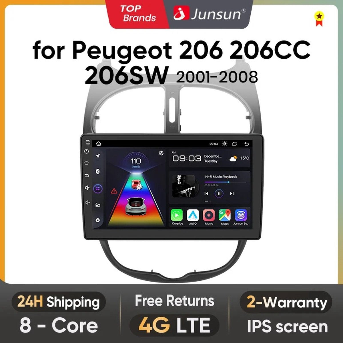 Autoradio - Android Carplay - Bluetooth Radio - Peugeot 206