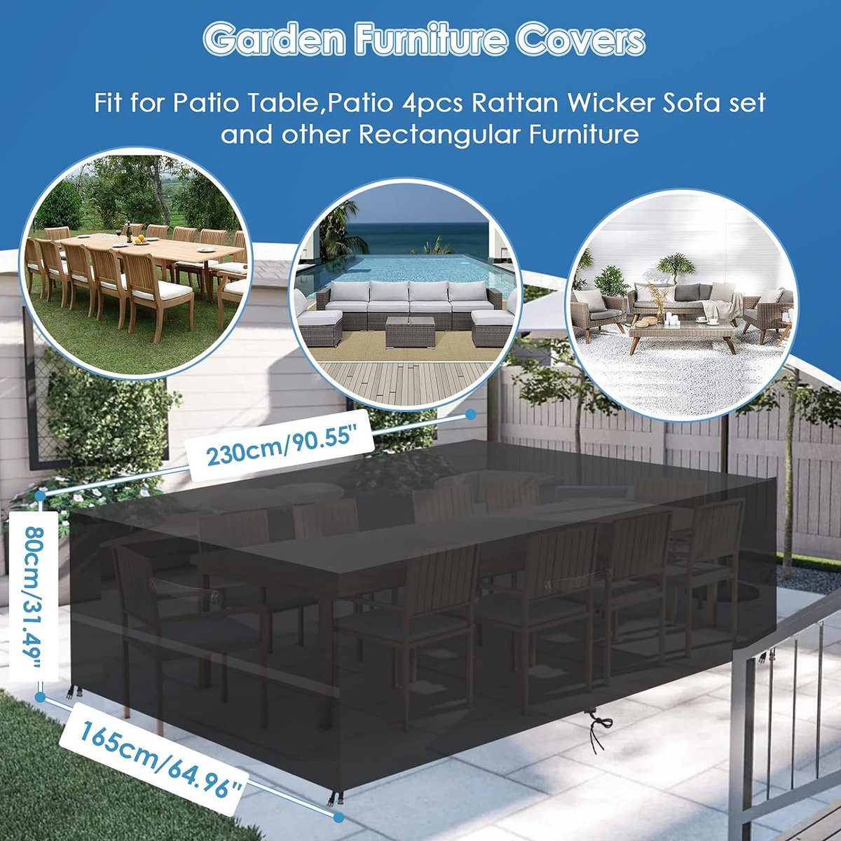 Tuinmeubelhoes, afdekzeil, tuinmeubelen, beschermhoes voor tuinmeubelen, waterdicht, winddicht, anti-UV, stofdicht, Oxford-weefsel, voor outdoor, bank, tafel, meubelsets, 230